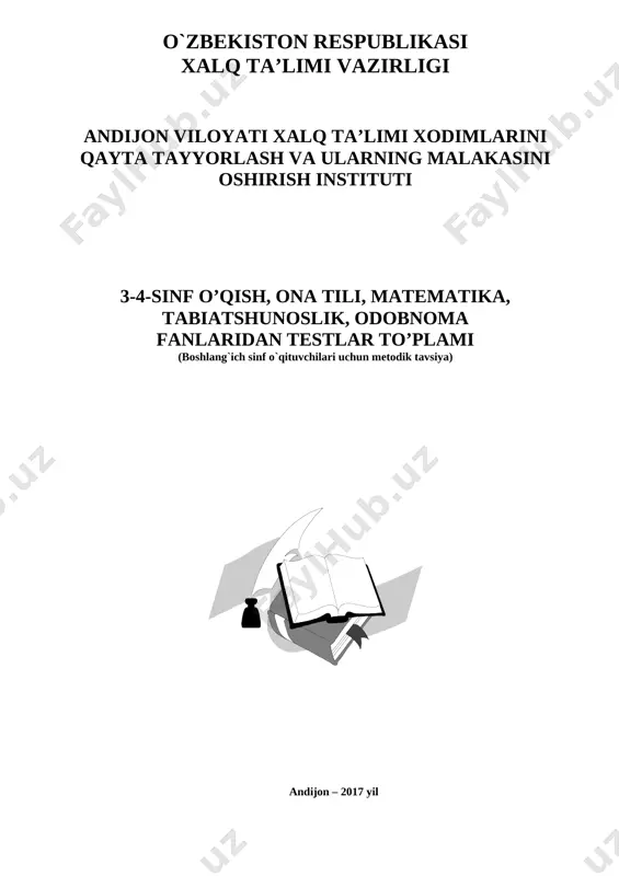 dan” s) tursunboy adashboyev “ona tilim” d) orif to’xtash “o’zbekiston” 4. oltin to’la konimiz, … to’la nonimiz. miraziz a’zamning “vatan” she’ridan olingan ushbu misralardan tushirib qoldirilgan so’zni toping. a) tandir b) ona s) vatan d) maktab 5. xurshid davronning “vatan mo’tabardir” hikoyasida vatan qayerdan boshlanadi deyilgan? a) uyimizdan b) maktabdan s) ona tuproqdan d) mahalladan 6. xurshid davronning “vatan mo’tabardir” hikoyasida qadimda dushmanlar turk xoqoni o’g’uzxondan nima so’radilar? a) xalqingni ber dedilar b) tashlandiq bir parcha yer so’radilar s) shaharlarini so’radilar d) oltin so’radilar 7. “mustaqillik ahillikdan” she’rining muallifi kim? a) kavsar turdiyeva b) zafar diyor s) maqsud shayxzoda d) po’lat mo’min 8. “til qudrati” rivoyatida olimlar nima haqida tortishdilar? a) farzandga qanday tarbiya berish haqida b) matematika fani haqida s) yulduzlar haqida d) kim ko’proq bilimli deya tortishdilar 9. “til qudrati” rivoyatida ikkinchi olim farzandiga qanday ta’lim bermoqchi bo’ldi? a) matematikani o’rgatmoqchi bo’ldi b) ona tili haqida ta’lim bermoqchi …