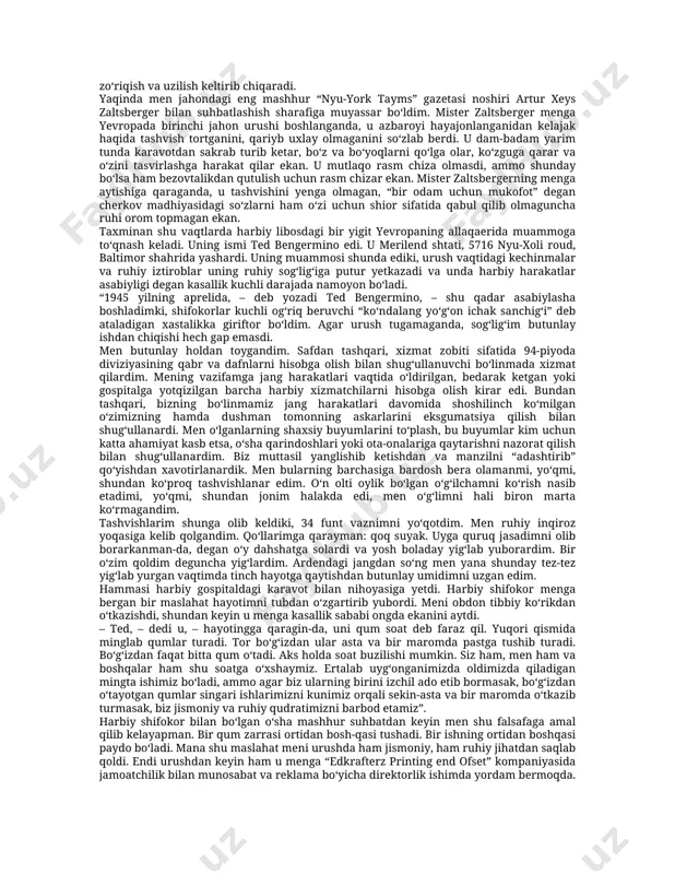 rdakechagiqotgannondanshikoyatqilishyo‘q,zero,uyerda“e, xudo,buyilyozissiqkeldi,bug‘doyildizigachaquribketdi.kelasiyilham shunday qurg‘oqchilikbo‘lsa,undanimaqilamiz?kelasihosilgadonniqaerdanolamiz?yoki,faraz qilaylik,menishimdanayrildim,ey,xudo.nonsotibolishuchunishniqaerdantopaman?” –deganso‘zlaryo‘q. bundayso‘zlarduodayo‘q,faqatbugungikunnonihaqidagiiltijobor,zero,faqatshunday nonniyeyishmumkin. ko‘pyillarmuqaddambirtilanchifaylasufmamlakatbo‘ylabdaydibyurarkan,toshloqva hosilsizyerdaodamlarqoratergabotib,o‘zlarigarizqtopayotganlariniko‘radi.birkuni birtepalikda u xalq oldida nutq qiladi,hozirda eng ko‘p iqtibosnishu nutqdan olishmoqda.bunutqdako‘pasrlihikmatmujassamlanganbiriboramavjud:“shunday qilib,ertangikunnio‘ylamang,zero,ertangikuntashvishiniertangikuntortadi;har kunningtashvishio‘zigayetarli”. ko‘plarbuso‘zlardagihikmatnitanolmaykelmoqdalar:“shundayqilib,ertangikunni o‘ylamang”. uni sharqona mutasavvuflik hodisasi deb hisoblab, inson o‘zini barkamollashtirishiuchunbuo‘gitdagihikmatniinkoretadilar.ulardeydilar:“men ertangikunhaqidatashvishchekishimkerak.menkeksalikkapulyig‘ibqo‘yishimkerak. menkasbimnirivojlantirishchorasiniko‘rishimkerak”. bo‘lmasam-chi,sizshundayqilishingizkerak!gapshundaki,uchyuzyildanhamko‘proq ilgaritarjimaqilinganisoningbuso‘zlarishohiakovzamonidagima’nosidanko‘rabugun boshqachama’nokasbetadi.uchyuzyilavval“g‘am chekmoq”so‘zi“tashvishtortmoq” deganma’nonianglatardi.injilninghozirgizamondagitalqinianiqroqtarjimaniberadi: “shundayqilib,ertangikundantashvishtortmang”. ertangikunhaqidao‘ylash,quntbilanrejatuzishvatayyorgarlikko‘rishshartligio‘z- o‘zidanayon.ammobularbarchasiniamaldaqilarekansiz,siztashvishchekmasligingiz kerak. urushvaqtidasarkardalarertangikungarejatuzganlar,ammoularo‘zlarinitashvishga botiribqo‘ymaganlar. “mendayaxshiodamlarborvaularyaxshitexnikabilanta’minlanganlar,–deganedi aqshharbiy-dengizflotiqo‘mondoniadmiralking,–vamena’lodarajadatayyorlangan operatsiyarejasiniberdim.meningqo‘limdankelganbor-yo‘qish–shu.bordi-yu