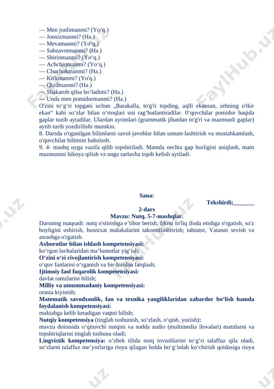 4. husnixat mashqlari o'tkazish. mashq uchun quyidagi material beriladi. aa. adolat — aqlli. adolat — aqlli qiz. o'qituvchi husnixat qoidalarini o'quvchilarga eslatadi. jumla-dan, partada o'tirish, daftar va ruchkadan to'g'ri foydalanish, harf unsurlariga e’tibor berish, harflarning yozuvda bir-biriga ulanishi, qo'lni uzmasdan yozish va so'zlar orasidagi oraliqlar qanday bo'lishini tushuntiradi. berilganlarning har biri bir qatordan yoziladi. o'quvchilar ishga kirishishdan avval: „yozsang xat, chiroyli yoz! yozuving bo'ladi sozf“ shiorini aytib, so'ng ishga kirishadilar. nutq – garlar orqali bildirilgan fikr. nutq gaplardan, gap esa so’zlardan tuziladi. 5. darslikdagi 3- mashq ustida ishlash. mashqning topshirig‘i o ‘qiladi. o'quvchilarning yozda qilgan ishlarini eslash, u haqda fikr yuritish, fikrlarini umumlashtirishlari uchun vaqt beriladi. fikrlar to'plab olingach, 2—3 o'quvchi ta'tildagi ishlari, eng qiziqarli voqea-hodisalar haqida so'zlab beradi. 6. ijodiy diktant. ijodiy diktant uchun quyidagi so'zlar beriladi. yoz, ta’til, oromgoh, qishloq, dala, ish, yordam, mashg'ulot, kitob, ertak. o'quvchilarga berilgan so'zlardan foydalanib, bog'lanishli gaplar tuzish topshiriladi. 7. „quvnoq daqiqa“, „men …