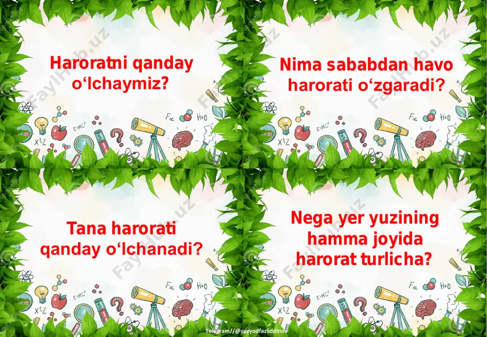 ni tovushidan farqlay olasiz? ip tarangligi tovush tarqalishiga qanday ta’sir qiladi? telefondan qanday maqsadlarda foydalanasiz? telegram//@sayyodfazliddinov qanday tovushlar sizga yoqadi? nima uchun? o‘simlik va hayvonlar rivojlanishi uchun nima zarur? atrofdagi jismlarni ko‘rishga nimalar yordam beradi? nima uchun shovqin zararli hisoblanadi? telegram//@sayyodfazliddinov shovqinni kamaytirishga nima yordam beradi? atrofimizdagi jismlar nima sababdan harakatlanadi? vertolyot, baliq, koptok, otlar qanday harakatlanadi? o‘simliklarning harakatini kuzatganmisiz? telegram//@sayyodfazliddinov svetoforning qaysi chirog‘i yonganda avtomobillar harakatni boshlaydi? piyodalar svetoforning qaysi chirog‘i yonganda harakatlanishdan to‘xtashi kerak? magnit nimaligini bilasizmi? magnit qutblari bir- biriga qanday ta’sir qildi? telegram//@sayyodfazliddinov magnitlardan yana qayerlarda foydalanamiz? qog‘oz qistirgich harakatini tezlatish va sekinlatish mumkinmi? qanday buyumlar magnitga tortilmaydi? avtomobil va samolyotlar bo‘lmagan davrda ma’lumotlar uzoq shaharlarga qanday yetkazilgan? slayd 1 slayd 2 slayd 3 slayd 4 slayd 5 slayd 6 slayd 7 slayd 8 slayd 9 slayd 10 slayd 11 slayd 12 slayd 13 slayd 14 slayd 15 slayd 16 slayd 17 slayd 18 slayd 19 …