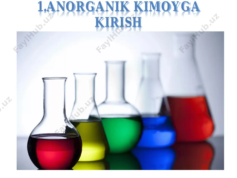 h)3 metall atomi nomiga gidroksoguruh sonining yunoncha sonlarda ifodalanishini qo’shib ham gidroksidlarni nomlash mumkin: kalsiy digidroksid – ca(oh)2 vismut trigidroksid – bi(oh)3 . 5.kislotalar kislotalar(nordon suvlar)-tarkibida metallarga almashina oluvchi vodorod atomi va kislota qoldig’idan tashkil topgan murakkab moddalar. kislota faol vodorod atomi kislota qoldig’i sulfat kislota: h2so4 vodorod kislota qoldig’i kislotalarning sinflanishi: kislorod atomi bo’yicha sinflanishi: kislorodli kislotalar(h2so4,hno3,h3po4) kislorodsiz kislotalar(hcl,hbr,h2s) kislotalar sinflanishi: vodorod atomi bo’yicha ikki negizli kislotalar(h2so4) uch negizli kislotalar(h3po4) ko’p negizli kislotalar(h4p2o7) bir negizli kislotalar(hcl) 6.tuzlar tuzlar– metal atomlari(yoki ammoniy ioni nh4 +) va kislota qoldig’idan iborat bo’lgan murakkab moddalarga aytiladi. mnkm k – kislota qoldig’i; n – kislota qoldig’ining valentligi;m – metall atomining valentligi. tuzlar tarkibidagi metall atomi va kislota qoldig’ining valentligi son jihatdan teng bo’lganda(n=m) indekslar qo’yilmaydi. tuzlarning nomlanishi: o’zgaruvchan valentli metallardan hosil bo’lgan tuzlarni nomlashda metall atomi valentli rim raqamida qavs ichida yoziladi va chiziqcha bilan kislota qoldig’i nomi yoziladi.masalan:feso4 – temir(ii)-sulfat,cr(no3)3 – xrom(iii)-nitrat. o’zgarmas …