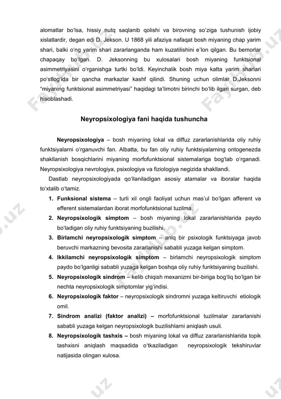arining murakkab tuzilishi to‘g‘risidagi g‘oyani ilgari surdi. uning fikriga ko‘ra, har bir funktsiya 3 bosqichdan iborat: «quyi» (orqa miya, miya ustuni), «o‘rta» (bosh miya po‘stlog‘ining harakat va sezgi markazlari) va «oliy» (bosh miyaning peshona bo‘lagi). «oliy» markazlar zararlanganda nafaqat patologik simptomlar paydo bo‘ladi, balki ijobiy o‘zgarishlar ham kuzatiladi: «quyi» markazlar «oliy» markazlar nazoratidan xalos bo‘lib, o‘z faoliyatini kuchaytiradi. bunga markaziy piramidal yo‘llar zararlanganda spinal reflekslarning kuchayishini misol qilib ko‘rsatadi. agar afaziyada so‘zlash, o‘qish va yozish qobiliyatlarining buzilishi salbiy alomatlar bo‘lsa, hissiy nutq saqlanib qolishi va birovning so‘ziga tushunish ijobiy xislatlardir, degan edi d. jekson. u 1868 yili afaziya nafaqat bosh miyaning chap yarim shari, balki o‘ng yarim shari zararlanganda ham kuzatilishini e’lon qilgan. bu bemorlar chapaqay bo‘lgan. d. jeksonning bu xulosalari bosh miyaning funktsional asimmetriyasini o‘rganishga turtki bo‘ldi. keyinchalik bosh miya katta yarim sharlari po‘stlog‘ida bir qancha markazlar kashf qilindi. shuning uchun olimlar d.jeksonni “miyaning funktsional asimmetriyasi” haqidagi ta’limotni birinchi …