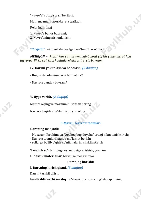 - bu taomlarni tayyorlashda qanday masalliqlardan foydalaniladi? matn ustida ishlash. muazzam ibrohimovaning “qochoq bug‘doycha” ertagi navbatma-navbat o‘qitiladi. ertak yuzasidan savollarga javob beriladi. 1. ertak nima haqida ekan? 2. bug‘doychalar nima deb maqtanishdi? 3. aytingchi, nega bitta bug‘doy yig‘lab o‘tirardi? 4. nima uchun bug‘doycha qochishni istabdi? 5. bug‘doychaning orzusi qanday amalga oshdi? 6. sizning ham orzularingiz bormi? ular ro‘yobga chiqishi uchun nima qilish kerak deb o‘ylaysiz? lug‘at ishi o‘tkaziladi. saralangan – tanlangan, ajratilgan. bo‘rsildoq non – ko‘pchib pishgan yumshoq non. orzu – dildagi istak, ezgu umid, intilish. darmon – mador, kuch. ajablanmoq – hayron bo‘lmoq, taajjubda qolmoq. “tanlab o‘qish” mashqi o‘tkaziladi. lug‘atdagi so‘zlar qatnashgan gaplar topib o‘qitiladi. ertak rollarga bo‘lib o‘qiladi. mashq daftari bilan ishlash. mashq daftaridagi topshiriqlar mustaqil ravishda bajariladi. ertakdagi voqealar ketma-ketligini aniqlanadi. o‘quvchilar orzularini bosh katakchalarga yozishadi va yozganlarini o‘qib berishadi. darslikdagi topishmoq o‘qiladi va javobi topiladi. (bug‘doy) iv. darsni yakunlash va baholash. (3 daqiqa) - darsda sizga …