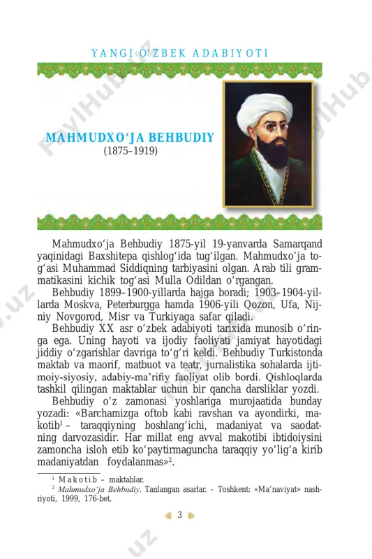 seyskiy, 2 qorovul, boyning 3 nafar erkak hamsoyasi. b o y b u c h c h a – boyning xotini, 35–40 yashar. kerak nimarsalar: bir la’li shiravor, non, dasturxon. choynak, piyola, chilim. mehmonxonaga keraklik gilam, ko‘rpa, yostiq. boyni(ng) yotoq asbobi va karavot. bir kaltak. o‘n shisha suv va kivas. besh-olti istakon. bir sanduq. bir hamyon, ichida pulg‘a o‘xshash nimarsa. bir katta pichoq. bir tapponcha. sanduqni ochaturgan temir asbob. mukammal pristuf libosi, 2 politseyskiy mukammal libosi, 2 qorovul kaltagi. 1 hushtak, 1 kanob, 1 qo‘l kishani. b i r i n ch i p a r d a b o y mehmonxonada o‘tirar x a y r u l l o ila. d o m l a (kirar). assalomu alaykum. b o y. vaalaykum assalom, marhamat qilsinlar (turib mu- loqot qilib, domlaga joy ko‘rsatib, o‘ltirur). d o m l a. boy davlatini, ollohi taolo, mundan ham ziyoda qilgin (fotiha qilur). …