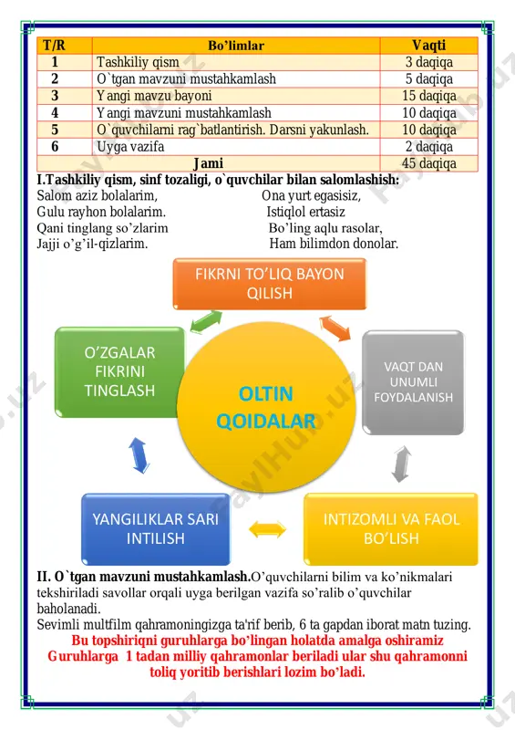 . iv.yangi mavzuni mustahkamlash: bajarilishi yuzasidan ko`rsatma beriladi: doskada va mustaqil bajariladi. mavzu yuzasidan o’quvchilarga tarqatmalar berilib savol javoblar o’tkaziladi. bunda o’quvchilar o’tgan mavzular mobaynida o’tilgan darslardagi yangi tushunchalarni va ularning ma’nolarini yozishadi bu metod guruhlarda ishlash tartibida o’tiladi va guruh ko’proq va aniq javoblar soniga qarab baholanadi tushunchalar sizningcha bu tushunchalar qanday ma’noni anglatadi “so`z ichida so`z” oyini ushbu oyin o`quvchilarning fikrlash faoliyatini o`stiradi. so`z tarkibi va so`z turkumlari va so`zning luga`viy ma`nosini yuzasidan olgan bilimlarini mustahkamlaydi. o`quvchida har bir so`zga va tovushga alohida diqqat bilan qarash ko`nikmasi shakllanadi. buning uchun o`qituvchi xattaxtaga bitta so`zni yozib qo`yadi. o`quvchilar ana shu so`z ichidagi tovushlar ishtirokida yangi so`zlar tashkil qiladi. agar o`yin guruhlar o`rtasida o`tkazilsa har bir guruh navbatma –navbat bittadan so`zni xattaxtaga yozib boradi. so`z topa olmagan guruh yengilgan hisoblanadi. v.o`quvchilarni rag`batlantirish. darsni yakunlash.: darsda faol qatnashgan o`quvchilar rag`bat kartochkalari bilan rag`batlantiriladi. vi.uyga vazifa: poliz ekinlarining foydali xususiyatlari haqida gaplar …