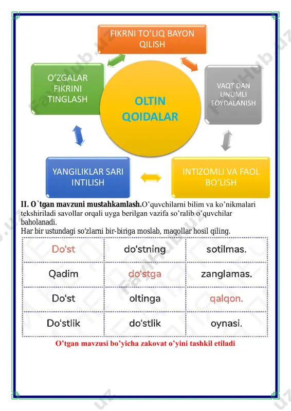 o`yinni uyushtirish uchun avvaldan ko`rgazma tayyorlanadi. hozir xotira mashqi o`yini o`tkazilishini aytib, o`yinning shartini tushuntiradi. o`qituvchi ko`rgazmadagi so`zlarni ikki marta o`qib beradi. o`quvchilar uni eslab qolishga intiladi. keyin ko`rgazma yopib qo`yiladi. ko`p so`zni eslab qolgan va ularni yozgan o`quvchi g`olib topiladi va rag`batlantiriladi. masalan: iltijo, do’st, xijolat, bardosh o’yinni og’zaki tartibda ham o’tkazish mumkin. masalan, bir o’quvchiga 8ta so’z o’qib beriladi.: o’quvchi xotirasida qolganini takrorlaydi. v.o`quvchilarni rag`batlantirish. darsni yakunlash.: darsda faol qatnashgan o`quvchilar rag`bat kartochkalari bilan rag`batlantiriladi. vi.uyga vazifa: rivoyatni oʻqing va mazmunini soʻzlab bering. siz yana doʻstlik haqida qanday asarlar oʻqigansiz? ularning mazmuni bilan oʻrtoqlashing. .o`ibdo`: _____________________