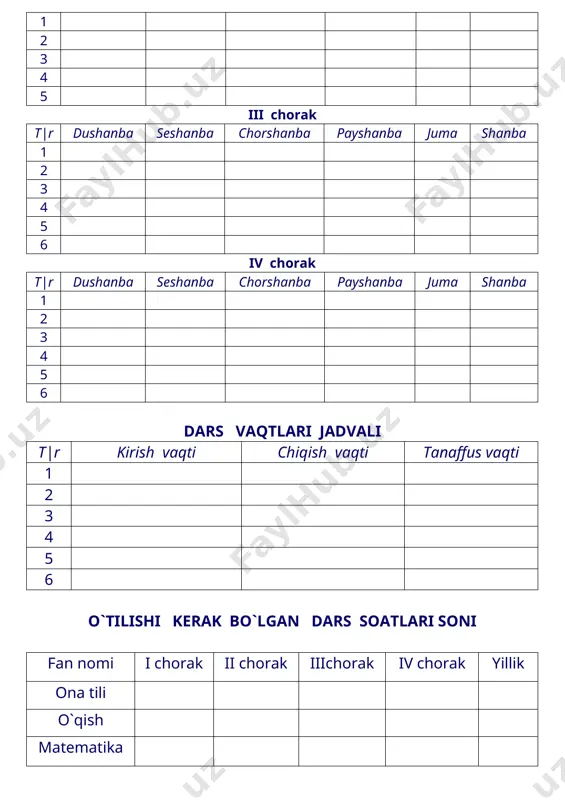orlash 1 58-bet ixtiro va kashfiyotlarga boy olam 21 juda foydali ixtiro audiomatn 1 63-bet 22 kashfiyotchi bobolar 1 66-bet 23 o‘z aksini ko‘rish orzusi 1 69-bet 24 yo‘l ko‘rsatuvchi mayoq 1 71-bet 25 oshxona buyumlari 1 74-bet 26 vaqt qadri 1 77-bet 27 nazorat ishi-2 1 27 2023-2024 - oʻquv yili uchun matematika fanidan taqvim-mavzu reja ( haftasiga 5 soatdan, jami 170 soat ) ii sinf darslar tartibi mavzu nomi soat taqvimiy muddat uyga vazifa i chorak (45 soat) 1 takrorlash. 1 dan 20 gacha bo‘lgan sonlar 1 1-mavzu, №7-8 2 takrorlash. 1 dan 100 gacha bo‘lgan sonlar 1 2-mavzu, №7-8 3 takrorlash. to‘g‘ri va egri chiziqlar 1 3-mavzu, №7-8 4 takrorlash. sinik chiziq 1 4-mavzu, №8-9 5 takrorlash. harfiy va sonli ifodalar 1 5-mavzu, №8-9 6 takrorlash. tenglamalar 1 6-mavzu, №8-9 7 takrorlash. masalarni yechish 1 7-mavzu, №8-9 8 takrorlash. masalarni yechish 1 8-mavzu, №8-9 9 sonlarni qo‘shish …