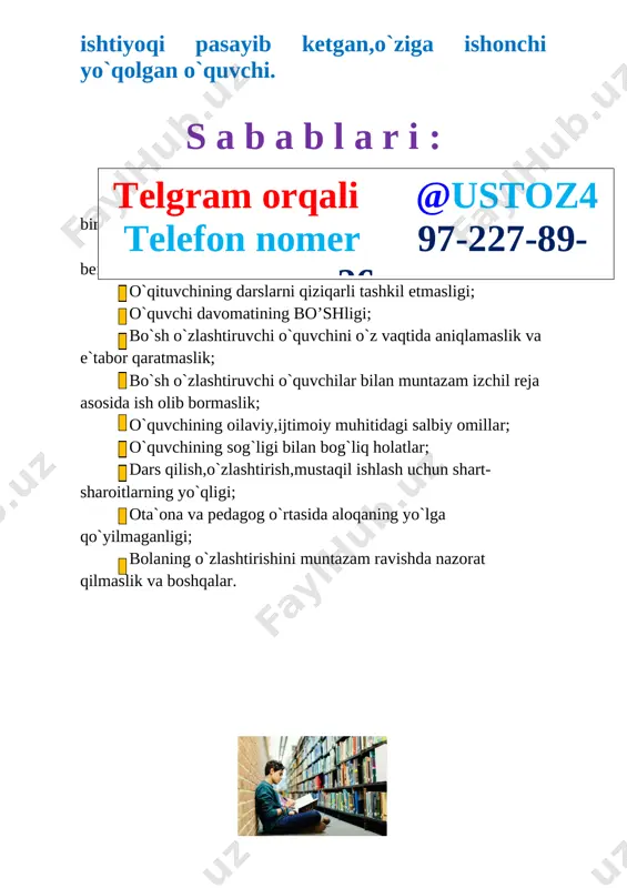 alar 29 mo‘yqalam mo‘jizasi 1 30 harfli ifodalar 31 bolalar qo‘shiqlari 1 32 butunning bo‘laklari 33 yo‘l qoidasi- umr foydasi 1 34 vaqt va vaqt birliklari jami: 34 rahbari: /___________/ ________________________ _____________ tuman xalq ta`limi bo`limiga qarashli __-umumiy o`rta ta`lim maktabi “_____” _________2021 yil matematika va ona tili o’qish savodxonligi fani bo’sh o’zlashtiruvchi o’quvchilar to`garak mashg`ulotiga qatnashuvchi o`quvchilari o`rtasida 202__-202__ yangi o`quv yilining to`garak mashg`uloti davrida texnika xavfsizlik qoidalari, yo`l harakati qoidalari, yong`inga qarshi kurash chora tadbirlariga hamda ___-umumiy o`rta ta`lim maktabining barcha ichki tartib qoidalariga rioya qilish to`g`risida maxsus yo`riqnoma № o`quvchilarning f.i.sh tanishdim sana o`quvchilarning imzosi 1 2 3 4 5 6 7 8 9 10 11 12 13 14 15 16 17 18 yo`riqnoma bilan tanishtiruvchi va to`garak mashg`uloti rahbari: _________ _____________ “______________________________” to`garagi a`zolarining ro`yxati № o`quvchilarning familiyasi, ismi tug`ilgan yili sinfi yashah manzili 1 2 3 4 5 6 7 8 9 10 11 12 …