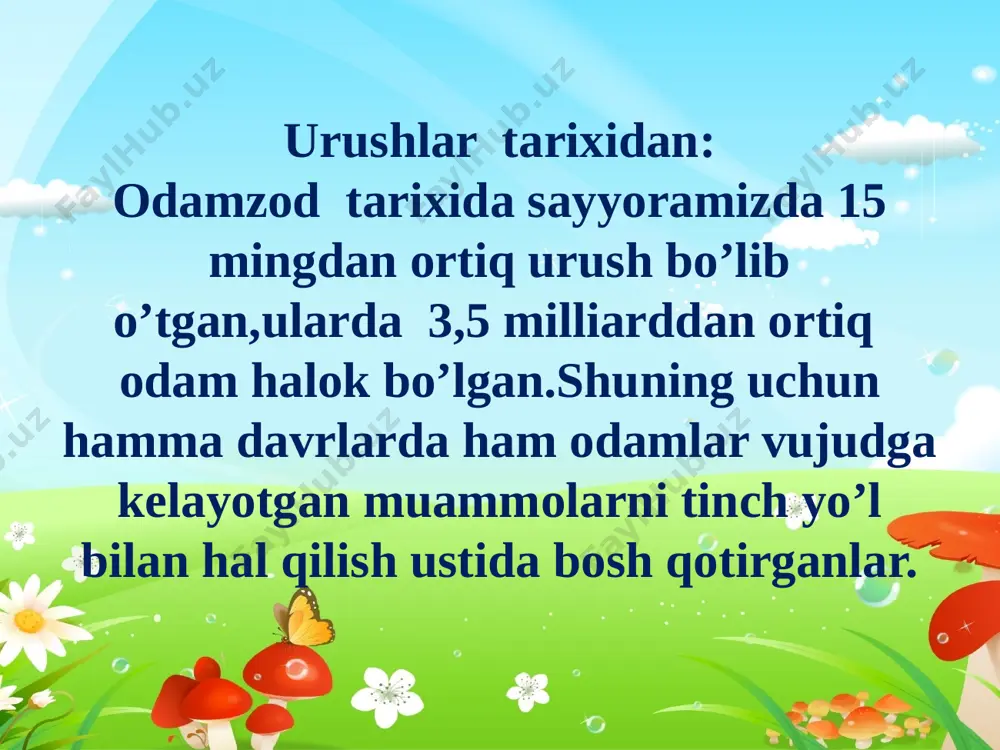 rrorchilikning avj olishi va bu muammoni bartaraf etish,ta’lim olish orqali savodsizlik va jaholatga barham uchun “ma’rifat va diniy bag’rikenglik” deb nomlangan rezolyutsiyani qabul qilishni taklif etdi. bmt bosh kotibi antonio guterrish o’zbekistonga tashrif buyurdi va 2019-yil 10-iyun kuni nukusga bordi. kemalar qabristoniga aylangan, dunyodagi eng katta orollar ichida 4-o’rinda turuvchi orol dengizi,uning sho’rlashgan va tuz bosgan hududlarini va u yerda istiqomat qiluvchi aholi bilan suhbatlashdi.insoniyat bututn sayyorani yo’q qilib yuborishi mumkinligiga orol dengizini misol qilib ko’rsatdi va butun insoniyatni bunga e’tiborini qaratishi kerakligini ta’kidladi. e’tiboringiz uchun rahmat! image1.jpeg image2.jpeg image3.jpeg image4.png image5.png image6.jpeg image7.jpeg image8.png image9.gif image10.jpeg image11.jpeg image12.png image13.jpeg image14.jpeg image15.jpeg