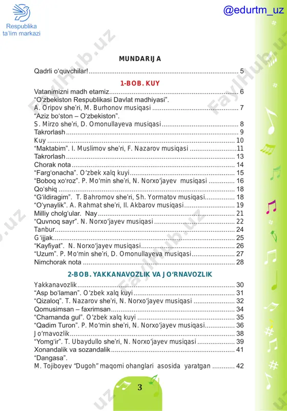 lik................................................................... 41 “dangasa”. m. tojiboyev “dugoh” maqomi ohanglari asosida yaratgan............. 42 @edurtm_uz 4 “archa bayrami”. a. rahmat she’ri, i. akbarov musiqasi.................... 43 notalarning guruhlanishi..................................................................... 44 mustahkamlash uchun savol va topshiriqlar....................................... 45 3-bob. musiqa savodiga sayohat takt va takt chizig‘i............................................................................. 47 “ot o‘yini”. d. omonullayeva musiqasi............................................... 48 “bobom – qahramon”. a. haydarov she’ri va musiqasi...................... 49 o‘lchov............................................................................................... 50 sanashni o‘rganamiz.......................................................................... 51 “qashqarcha”. o‘zbek xalq kuyi......................................................... 52 “uxlab turdim”. i. muslim she’ri, f. nazarov musiqasi......................... 53 repriza............................................................................................... 54 “vals”. p. chaykovskiy musiqasi, “bolalar albomi”dan........................ 55 “navro‘zim – sho‘x sozim”. h. rahmat she’ri, n. norxo‘jayev musiqasi........................................ 56 lad: major va minor............................................................................ 57 “toreador marshi”. j. bize musiqasi................................................... 59 “zag‘izg‘on”. p. mo‘min she’ri, d. omonullayeva musiqasi................. 60 musiqali rebuslar................................................................................ 61 “yugurish”. s. abramova musiqasi..................................................... 62 “ismaloq”. p. mo‘min she’ri, d. omonullayeva musiqasi.................... 63 4-bob. bolalar bastakor va kompozitorlari bastakor shermat yormatov.