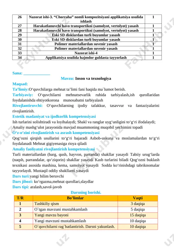 g. [image: image1.png] ixtiro kaliti – tajriba va bilim. tajriba o‘tkazish va natijaga erishish uchun o‘qish va izlanish kerak. [image: image2.png] ixtiro kaliti – tajriba va bilim. tajriba o‘tkazish va natijaga erishish uchun o‘qish va izlanish kerak [image: image3.png] iv .yangi mavzuni mustahkamlash .o’tilgan mavzu yuzasidan o’quvchilarni savollariga javob beriladi va ularga amaliy ishlar bo’yicha ko’rsatmalar beriladi. v. o’quvchilarni rag’batlantirish darsni yakunlash:dars yakunida , darsda faol qatnashgan o’quvchilarni rag’batlantirish , darsni yakunlash . vi . uyga vazifa : o’quvchilar darsdagi vazifalarni uyida davom etirib kelishadi o`ibdo`:______________________________ sana: _____________ mavzu: texnologik vositalar maqsad: ta’limiy:o‘quvchilarga mehnat ta’limi fani haqida ma`lumot berish. tarbiyaviy: o‘quvchilarni mehnatsevarlik ruhida tarbiyalash,ish qurollaridan foydalanishda ehtiyotkorona munosabatni tarbiyalash rivojlantiruvchi: o‘quvchilarning ijodiy tafakkur, tasavvur va fantaziyalarini rivojlantirish. estetik madaniyat va ijodkorlik kompetensiyasi ish turlarini solishtiradi va loyihalaydi; shakl va ranglar uygʻunligini toʻgʻri ifodalaydi; amaliy mashgʻulot jarayonida mavjud muammoning muqobil yechimini topadi o‘z-o‘zini rivojlantirish va asrash kompetensiyasi qogʻozni qirqish usullarini toʻgʻri …