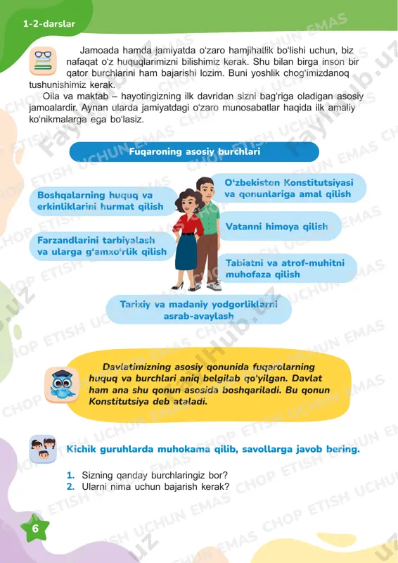 etish uchun emas chop etish uchun emas chop etish uchun emas chop etish uchun emas chop etish uchun 7 3-5-darslar fuqarolik fazilatlari har bir insonda muomala odobi, qat’iyat, jasorat, tartiblilik singari shaxsiy fazilatlar bo‘lishi kerak. ijobiy fazilatlar insonga yaxshi hayot kechirib, har bir ishda muvaffaqiyat qozonishga yordam beradi. bundan tashqari, fuqarolik fazilatlari ham bor. ular nafaqat bir inson, balki butun jamiyat va mamlakat farovonligi uchun ham zarur. boshqalarni hurmat qilish, halollik, adolatlilik, do‘stlik, hamjihatlik – insonlarni bir-birini qo‘llab-quvvatlash, vatanni sevish fuqarolik fazilatlaridir. fuqarolik fazilatlarimizni namoyon qilish orqali mamlakatimizning gullab-yashnashiga o‘z hissamizni qo‘shamiz. 1. “gullab-yashnash” deganda nimani tushunasiz? 2. vatan taraqqiyotiga hissa qo‘shish uchun qanday fazilatlarga ega bo‘lishimiz kerak? 3. siz ham shunday fazilatlarni namoyon eta olyapsizmi? chop etish uchun emas chop etish uchun emas chop etish uchun emas chop etish uchun emas chop etish uchun emas chop etish chop chop etish uchun chop etish uchun emas chop etish uchun emas …