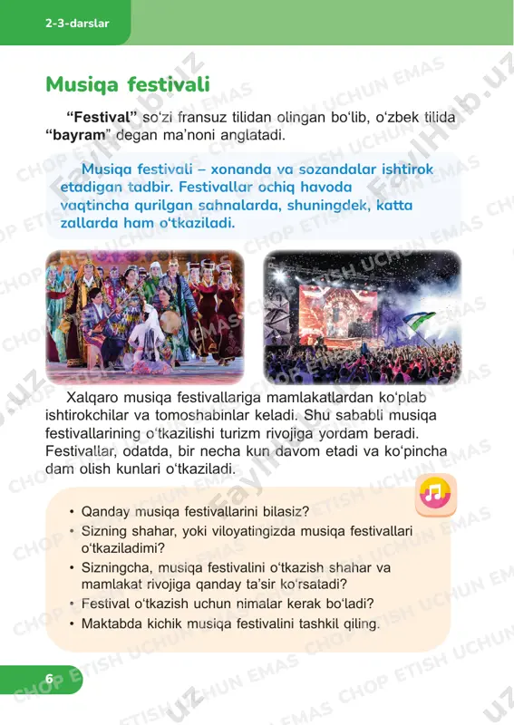 un emas chop etish uchun emas chop etish uchun emas chop etish uchun emas chop etish uchun emas 7 samarqand shahrida ikki yilda bir marta “sharq taronalari” xalqaro musiqa festivali o‘tkaziladi. festival birinchi marta 1997-yilda o‘tkazilgan. ushbu tadbirdan maqsad nafaqat o‘zbekiston, balki jahon xalqlarining milliy musiqiy an’analarini asrab-avaylashdan iborat. festival katta shuhrat qozondi, keng ommalashdi va 2015-yilda unesco xalqaro madaniy tadbirlari qatoriga kiritildi. festival an’anaviy tarzda registon maydonida o‘tkaziladi, unda ishtirokchilarning chiqishlari uchun vaqtinchalik sahnalar, milliy liboslar va cholg‘u asboblari yarmarkalari hamda ko‘rgazmalari tashkil etiladi. festival ishtirokchilari turli mamlakatlardan kelgan mehmonlardir. ular o‘z xalqlarining madaniyatini namoyish etish uchun keladilar. ko‘plab mehmonlar samarqandga ilk bor tashrif buyurib, shahar tarixi va betakror me’morchiligi bilan tanishishdan zavqlanadilar. 2-3-darslar chop etish uchun emas chop etish uchun emas chop etish uchun emas chop etish uchun emas chop etish uchun emas chop etish uchun emas chop etish uchun emas chop etish uchun emas chop etish uchun …