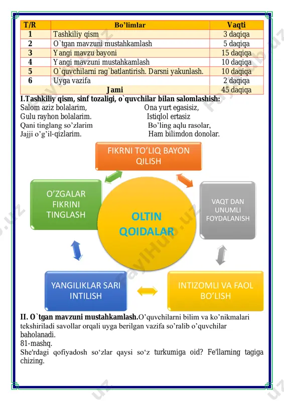 ek tahlil qiling. so’z -gan -kan -qan ek ekkan taq taqqan bor borgan chaq chaqqan ol olgan namuna: -gan, -kan, qan oʻtgan zamon qoʻshimchalari bo'lib, ular ish- harakatning bajarilganini bildiradi. ektkan — ekkan oʻtgan zamon fe'li -kan go‘shimchasi bilan hosil qilingan. 83-mashq. “sherigini top!” ta'limiy oʻyini. nuqtalar oʻrniga fe'l yasovchi qoʻshimchalardan mosini qoʻyib, yangi soʻz hosil qiling. yana qanday soʻzlar hosil qila oldingiz? 84-mashq. quyida berilgan fe'llarni koʻchirib, fe'l yasovchi qoʻshimchalar qatnashgan soʻzlarni aniqlang va ularni tegishlicha belgilang. ta'riflashgan, vaqillaydi, tanlanadi, saqlashdi, tozalaydi, shovullagan, boshlamoqchi, ovqatlanishdi, lovullamoq, vishillamoq, suluvlangan, yiltillagan, qarsilla, guvullaydi, uyg'onaman, ochaman, tovlanaman. 85-mashq. kichik guruhlarda ishlash: -sira, -illa fe'l yasovchi qo’shimchalarga mos so'zlar toping. iv.yangi mavzuni mustahkamlash: bajarilishi yuzasidan ko`rsatma beriladi: doskada va mustaqil bajariladi. mavzu yuzasidan o’quvchilarga tarqatmalar berilib savol javoblar o’tkaziladi. quvnoq dam olish daqiqalari o’tiramiz o’g’il- qiz, barchamiz ahil-inoq. o’rnimizdan turamiz, asta joyda yuramiz, qo’llarni ko’taramiz, so’ngra chapak chalamiz. qo’llarni tushiramiz, boshni chapga va …