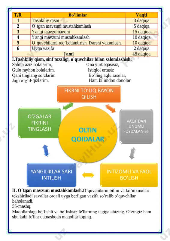 `sha guruh g`olib hisoblanadi va rag`batlantiriladi. so`zlar: kartoshka, shirin, parta, baland, olma, katta, qora, kichik, tuzli, o`rik, ko`rkam, nordon, kitob, yoqutday, daftar, ko`k, bodring, achchiq, paxta, pilla, taxir, qalam, ruchka,do`ppi, bo`r, totli. guruhlar iii.yangi mavzu bayoni: 56-mashq she'r mathini yoddan yozing. bo'lishli va bo'lishsiz fe'llar tagiga chizing. gullarga suv tashiyman, qo'lda jajji chelagim. charchamayman sira ham, juda kuchli bilagim. ollobergan po'lat 57-mashq she'rni ko'chiring. fe'llarning tagiga chizing. rustam menga do'st edi, har bir so'zi rost edi. orzumiz bir, bir tilak, ko'plar derdi egizak. bizlar shunday do'st edik, mayizni boʻlib yerdik. bo'lib qoldim men kasal, undan bolmadi xabar. so'ng eshitsam suyundan, bo'shamabdi o‘yindan. toshpo'lat hamdamov she'r matnidan nimani tushundingiz? doʻstingiz betob boʻlib qolsa, holidan xabar olish zarur deb hisoblaysizmi? nima uchun? 58-mashq. boʻlishli fe'llarni bo`lishsiz feʻllarga aylantiring. i guruhga ii guruhga iii guruhga yozdi-yozmadi chizdi-chizmadi uxlayapti-uxlamayapti o’qidi-o’qimadi bordi-bormadi chiqyapti-chiqmayapti aytdi-aytmadi keldi-klmadi arralayapti- arramalayapti isyapti-isimayapti saqlaydi-saqlamaydi yasaydi-yasamaydi boryapti-bormayapti ishlaydi-ishlamaydi ko’radi-ko‘rmaydi iv.yangi mavzuni …