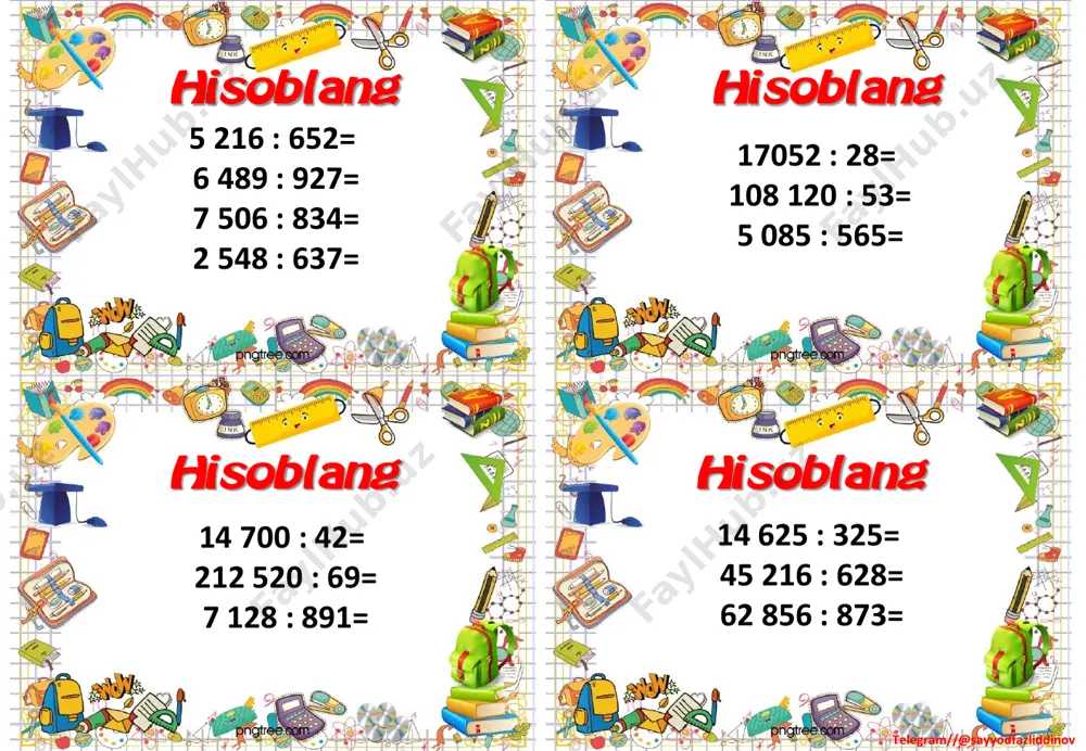 ikki oyda qancha xomashyo sotib olgan? natijani tonnalarda ifodalang. fermer xo‘jaligida birinchi kun 4 063 q (sentner), ikkinchi kun birinchi kundagidan 1 095 q ko‘p, uchinchi kun esa ikkinchi kundagidan 938 q ko‘p kartoshka yig‘ib olindi. shu uch kunda fermer xo‘jaligida necha sentner kartoshka yig‘ib olingan? avtomobil spidometri 4 soat yurgandan keyin 3 240 km ni ko‘rsatdi. spidometr 4 soat avval 3 004 km ni ko‘rsatgan bo‘lsa, avtomobil shu vaqt davomida necha km yurgan? hisoblang hisoblang hisoblanghisoblang telegram//@sayyodfazliddinov kolibri bir daqiqada o‘rtacha 240 marta nafas olsa, 1 sekundda necha marta nafas oladi? sonli nurda 2 548 sonidan: a) 1 birlik; b) 11 birlik; b) d) 21 birlik uzoqlikda yotgan sonlarni toping to‘g‘ri to‘rtburchak shaklidagi maydonchaning bo‘yi 85 m, eni 64 m. shu maydonchaga qurilgan uy 160 m2 maydonni egallaydi. agar qolgan yerning yarmi bog‘ bo‘lsa, bog‘ning yuzini toping. ilgari tokar qo‘lda, bir ish kunida 78 ta detal tayyorlar edi. hozir …