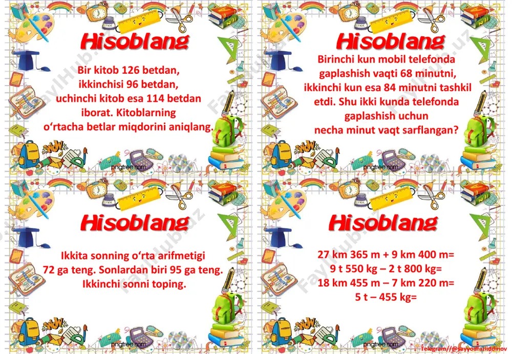 24 948 : 7= (8 014 – 7 945)•9= 25 016 : 4= 26 120 : 8= 8•(2 356 + 6 127=) 17 400 : 6= 76 800 : 8 = 27 459 : 9= 25 305 : 5= hisoblang hisoblang hisoblanghisoblang telegram//@sayyodfazliddinov tomonlarining uzunliklari 13 mm va 37 mm bo‘lgan to‘g‘ri to‘rtburchakning perimetrini toping. javobni santimetrlarda ifodalang. (5 000 – 3 893) : 9= 8 000 – (2 778 +439•6)= 3 063 + 5 094•8= 2 145 + (7 070 – 900 : 3)= quruvchilar ko‘p qavatli uylardagi 1 638 ta xonadonni qurib topshirdilar. ulardan bir xonali xonadonlar 125 ta, ikki xonali xonadonlar bir xonali xonadonlardan 6 marta ko‘p, qolganlari esa uch xonali xonadonlardir. quruvchilar nechta uch xonali xonadonni qurib topshirganlar? 693 : 3= 3 295 : 5= 7 812 : 6= 7 620 : 4= hisoblang hisoblang hisoblanghisoblang telegram//@sayyodfazliddinov birining tomoni 3 cm 9 mm, ikkinchisining tomoni 4 …