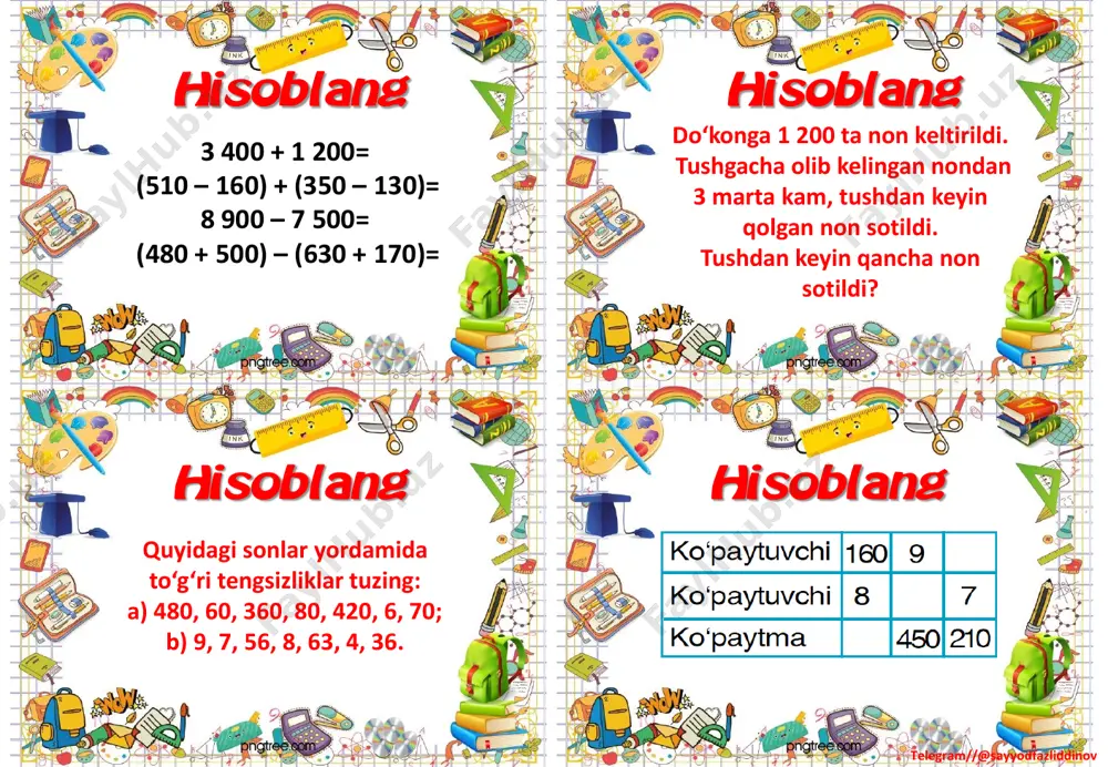 cha santimetr? hisoblang hisoblang hisoblanghisoblang telegram//@sayyodfazliddinov 57 : 19 + 84 : 3= (19 + 69) : 22= 4•(45 – 29)= 18•3 : 9 + 44= (76 – 68)•11= 2•(56 – 38)= maktab bog‘idan o‘quvchilar 64 kg olma, olmadan 2 marta kam nok, nokdan 16 kg kam anjir terib oldilar. o‘quvchilar anjirdan necha kilogramm ko‘p olma terib olganlar? qurilishga 150 t sement, sementdan 4 marta ko‘p qum keltirildi. sementdan necha tonna ko‘p qum keltirilgan? hisoblang hisoblang hisoblanghisoblang telegram//@sayyodfazliddinov 40 ·9= 540 : 9= 80 · 3 :4= 800 – 613 + 276= taqqoslang: taqqoslang: taqqoslang: hisoblang hisoblang hisoblanghisoblang telegram//@sayyodfazliddinov taqqoslang: bochkada 850 l suv bor edi. unga yana suv quyilgandan keyin undagi suv 925 l bo‘ldi. bochkaga qancha suv quyilgan? 394 056 + 108 712= 740 315 – 526 478= 656 112 + 274 578= 504 102 – 271 354= 34 036 + 12 847= 788 753 – 84 312= …