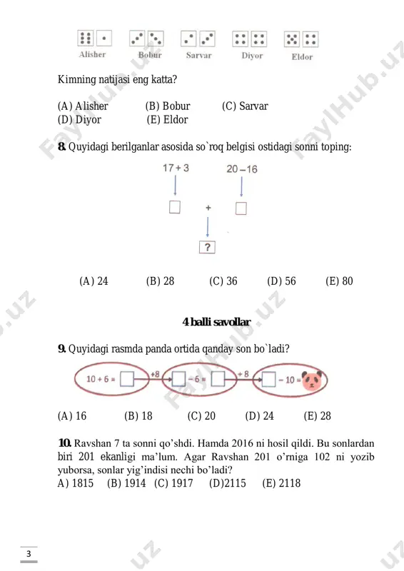 ar xil sondagi konfetlar bor. beshta o`quvchi 2 tadan sumka olishdi. natijada umumiy hisobda alida 5 ta konfet, boburda 7 ta konfet, charosda 9 ta konfet hamda doniyorda 15 ta konfet hosil bo`ldi. erkinda nechta konfet bo`lgan? (a) 9 (b) 11 (c) 13 (d)17 (e) 19 19. 4 ta to`pning og`irligi 10g, 20g, 30g va 40g tashkil qiladi qaysi to`pning og`irligi 30g? (a) a (b) b (c) c (d) d (e) a yoki b 7 20. temur bilan to`lqin qumdan qasr qurishdi va uni bayroq bilan bezatishdi. ular bayroq ustunini yarmigacha qasrning eng baland nuqtasiga qadashdi. bayroq ustunining eng baland nuqtasidan yergacha bo`lgan masofa 80 sm ga teng, pastki nuqtasi esa yerdan 20 sm balandda. qum qasrning balandligi qancha? (a) 40 sm (b) 45 sm (c) 50 sm (d) 55 sm (e) 60 sm 21. yo`lak rasmda ko`rsatilgan o`lchamlarga ega. mushuk yo`lak o`rtasidan o`tkazilgan shtrixlangan chiziq bo`ylab yurmoqda. mushuk hammasi …