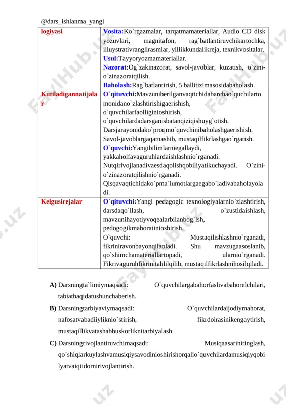 adi. 6 darsyakuni:darsniuyushqoqlikbilanyakunlash, 5 ballitizimasosidarag`batlantirish. uygavazifa: qo`shiqniyodlab, “bahorfasliqo`shiqlari, bahorelchilarivatabiathaqida”krassvordtuzish. i. tashkiliyqism:(3 daqiqa) o`quvchilarsinfgamusiqabilankiribkeladilar. o`quvchilarbilaninglizcha, o`zbekchasalomlashiladi. o`quvchilarnikayfiyatlari, darsgatayyorgarlikdarajalari, bugungisanaso`rabsurishtiriladi. o`tilganmavzu, yilfasllario`zbekchavainglizchadasavol-javobqilinadi. bizningshiorimiz: “musiqainsonnimukammallikkayetaklaydi” abu ali ibn sino.o`quvchilar 3 ta guruhgabo`linadi. dutor, doira, [image: poxojee izobrajenie]g`ijjak. [image: poxojee izobrajenie] [image: kartinki po zaprosu dutor] “aqliyhujum”, tezkorsavol-javoblar. 1. mehnatqo`shiqlarinechtaturgabo`linadi? 2. xalqqo`shiqlarinechtaturgabo`linadi? 3. o`zbekxalqcholg`ularinechtaturgabo`linadi? 4. “alla” kimlarningqo`shig`i? 5. o`zbekistondavlarmadhiyasinishe`rinivamusiqasinikimlaryozgan? 6. madhiyaqandayruhdakuylanadiganqo`shiq? 7. “musiqa” so`ziqaysitildanolingan? 8. raqsnima? 9. bolalarqo`shiqlarigaqaysilarkiradi? 10. “lapar”nima ii. darsningborishi:(10 daqiqa) “musiqa deb atalmishilohiybumo`jizadashundaybirsexrmujassamki, unitushunishta`sirinisezishuchunhechqandaytarjimonningkeragiyo`q” deb, o`zbekistonrespublikasiningbirinchiprezidentiislomabdug`anievichkarimovaytibo`tganlar.darhaqiqat “musiqa” san`atinavqironavlodimizningyuksakma`naviyatruhidakamoltopishidaboshqasan`atturlarigaqaragandako`proqvakuchliroqta`sirko`rsatadi” deb, o`zbekistonrespublikasiningbirinchiprezidentiislomabdug`anievichkraimovaytganlar. aziz bolajonlar biz may oyidagiqandaykuninishonlaymiz? ____________________ ha, 9-may “xotiravaqadrlash” kunimanashumunosabatbilan biz ham hozirbarchao`tganlarnibastakor, shoir, arboblarimizni, ulug` daxolarimizniruhlarinixotiralab, musiqatinglasak. musiqatinglash: “unutmoqonsonmassizlarni” omadvafoshe`ri, oxunjonmadaliyevmusiqasi. sardormamadaliyevijroetgan.marhamattinglang. [image: poxojee izobrajenie][im
