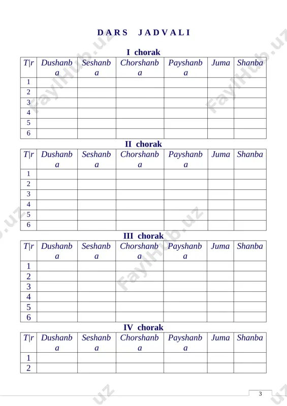 ik 1 71-bet 23 fazoga sayr 1 78-bet 24 fazoga sayr 1 takrorlash 25 bir kunda uch marta hosil bergan daraxt(audio) 1 78-bet 26 nazorat ishi-3 1 27 nazorat ishi tahlili 1 2023-2024 - oʻquv yili uchun matematika fanidan taqvim-mavzu reja ( haftasiga 5 soatdan, jami 170 soat ) iv sinf darslar tartibi mavzu nomi soat taqvimiy muddat uyga vazifa i chorak (45 soat) 1 takrorlash. ko‘p xonali sonlar 1 1-mavzu, №11-12 2 takrorlash. ko‘p xonali sonlar bilan amallar 1 2-mavzu, №10-11 3 takrorlash. ko‘p xonali sonlar bilan amallar 1 3-mavzu, №10-11 4 takrorlash. amal hadlari 1 4-mavzu, №11-12 5 takrorlash. harakatga doir masalalar 1 5-mavzu, №10-11 6 takrorlash. formulalar 1 6-mavzu, №9-10 7 takrorlash. ish unumdorligiga doir masalalar 1 7-mavzu, №10-11 8 takrorlash. tenglamalar va tengsizliklar 1 8-mavzu, №12-13 9 takrorlash. koordinata nuri va burchagi 1 9-mavzu, №12-13 10 takrorlash. vaqt 1 10-mavzu, №9-10 11 takrorlash. yuza va perimetr …