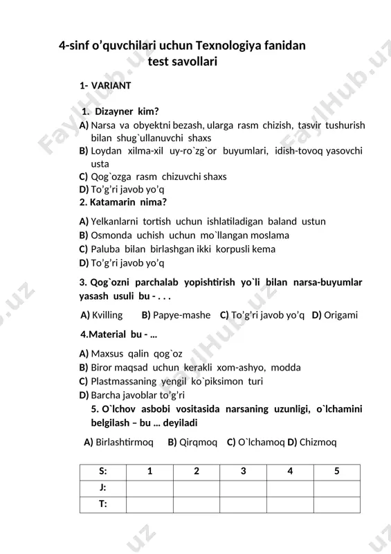 tincha so’zdan olingan bo’lib yuraman ma`nosini bildiradi. c) yunoncha «gimnos» so’zidan kelib chiqqan bo’lib, mashq bajaraman. d) hamma javoblar to’g’ri. 2. inson xayotida gimnastikaning axamiyati. a) gimnastikaning juda katta gigiena sog’lomlashtirish axamiyati bor. b) gimnastika meditsinaning shifobaxsh qismidir. c) gimnastika mashqlari hamma uchun barobar. d) hamma javoblar to’g’ri. 3. gimnastika necha turga bo’linadi? a) 3 ta b) 4 ta c) 6 ta d) 8 ta 4. gimnastikaning asosiy vositalari? a) saf mashqari, gimnastik snaryadlarda b) urm mashqlari erkin mashqlar c) amaliy mashqlar, sakrashlar va akrabatik mashqlar d) barcha javoblar to’g’ri 5. saf usullari? a) saflanish va qayta saflanish b) turnikda mashqlar c) qo’sh qo’lda mashqlar d) xalqalarda mashqlar s: 1 2 3 4 5 j: t: 4-sinf o’quvchilari uchun jismoniy tarbiya fanidan test savollari 2-variant 1. tezkorlik deganda nimani tushunasiz? a) kishining eng qisqa vaqt ichida xarakatni bajarish qobilyati b) tez bajariladigan umumiy rivojlantiruvchi mashqlar c) tanlangan sport turining maxsus …
