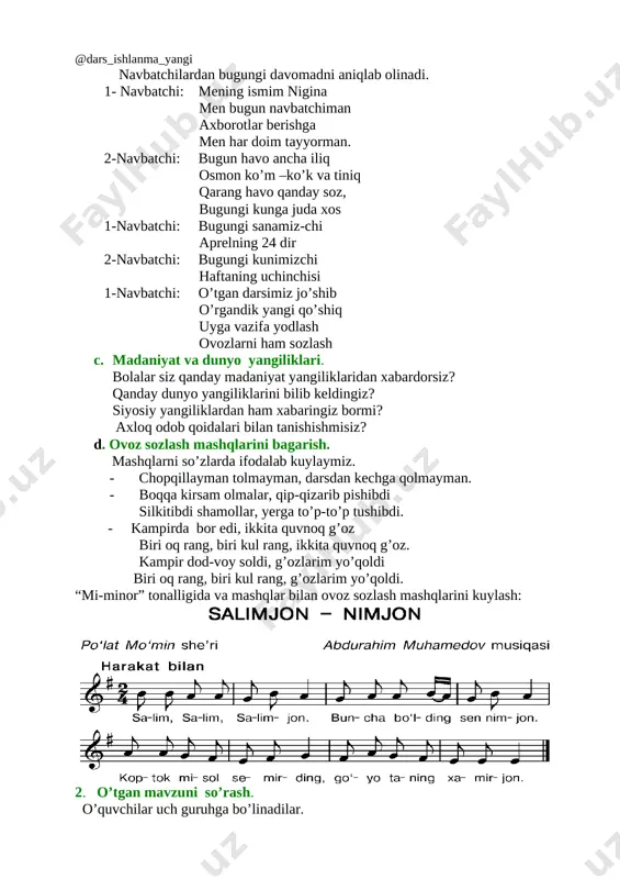 ahkamlanadi. bolalar qo’shiqlarining ko’pchiligi o’yin bilan yoki o’yin vaziyatidan aytilgan. bahor faslida kuylangan”binafsha”, “chittigul”, “yomg’ir yog’aloq”, “laylak keldi” shular jumlasidandir. [image: d:\slaydlar\slaydlar\uzbekistan\328.gif] a. musiqa savodi: o’quvchilarga prezidentimiz tomonidan ta’sis etilgan 18/75 qarorlarini amalda bagarilayotganligini tushuntirib, musiqiy atamalarni ingliz tilida o’rganib boramiz. m-n: · music - [ myuzik] - musiqa · dance - [ dans] - raqs · note - [nout] - nota · compozer - [ kempoze] - bastakor · melody - [ melidi] -ohang · ensemble – [ ensemble] ansambl · singer - [singes] – qo’shiqchilar · choirs – [ kores] –xor bo’lib b. jamoaviy aytim: o’zbek xalq bolalar qo’shiqlaridan termalar kuylash. chitti gul-o, chitti gul, hayu chitti gul chitti gulga gul bosdim, bir yoniga yon bosdim, hayu chitti gul dukur-dukur ot keldi, chiqib qarang kim keldi aravada un keldi, childirmada gul keldi. hayu chitti gul, hayu chitti gul. uchala qiz chiqdi ariq bo’yiga biri lola, biri sunbul, biri …