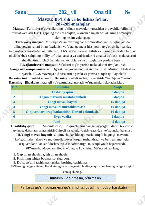 qilinayotgan ishlari bilan faxrlanish va vatanga mehr hissiyotini uyg'otish, har qanday tajovuzkor kimsalardan nafratlanish; t.k5. san’at turlarini bilish va ularni bir-biridan farqlay olish;. o'zbek xalqining milliy urf-odat, an'ana va qadriyatlarini amalda qo'llash malakalarini shakllantirish. tk.3. kattalarga, kichiklarga va o‘rtoqlariga yordam berish. rivojlantiruvchi maqsad: so`zlarni tog`ri yozish malakalarini rivojlantirish fanga oid kompetensiyalar: og`zaki va yozma nutqini rivojlantirish. mustaqil fikrlashga o`rgatish. f.k.2. mavzuga oid so‘zlarni og‘zaki va yozma nutqda qo‘llay oladi; darsning turi : mustahkamlovchi, darsning metodi:suhbat, tushuntirish,”savol-javob” metodi. darsning jihozi:darslik,rangli ko’rgazmalar,harakatli ko’rgazmalar, plakatlar.kitob t/r bo’limlar vaqti 1 tashkiliy qism 3 daqiqa 2 o`tgan mavzuni mustahkamlash 5 daqiqa 3 yangi mavzu bayoni 15 daqiqa 4 yangi mavzuni mustahkamlash 10 daqiqa 5 o`quvchilarni rag`batlantirish. darsni yakunlash. 10 daqiqa 6 uyga vazifa 2 daqiqa jami 45 daqiqa i.tashkiliy qism: salomlashish; o’quvchilarni darsga tayyorgarliklarini tekshirish. aylanma daftarlarni almashtirish.chiroyli va xatosiz yozish yuzasidan ko`rsatmalar beraman. iii.yangi mavzu bayoni: o’qituvchi darslikdagi mashq orqali bugungi mavzuni ko’rgazmalar, slayd …