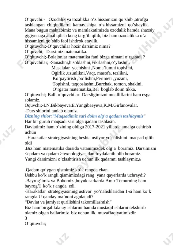 rlarda uchraydi? -bayrog’imiz va bobomiz ,buyuk sarkarda amir temurning ham bayrog’i ko’k r angda edi. -harakatlar strategiyasining ustivor yo’nalishlaridan 1-si ham ko’k rangda.u qanday ma’noni agnlatadi? “davlat va jamiyat qurilishini takomillashtish” biz ham birgalikda uy ishlarini hamda mustaqil ishlarni tekshirib olamiz.olgan ballarimiz biz uchun ilk muvaffaqiyatimizdir 3 o’qituvchi; ikkinchi qadamni tashlaymiz. 2.o’tilgan mavzuni mustahkamlash . 5 minut .siyoh rangli qism. yana bu rang ikkinchi bosqich “ qo nun ustivorligini ta’minlash va sud-huquq tizimini yanada isloh qilish”dir. davliatimizda qonuniylik elementlari hisoblangan ustivorlik va or - nomuslik ramzi. biz ham o’tilgan mavzuni ustivor bilib ,olgan bilimlaringizni mustahkamlaymiz.har bir guruh o’quvchilariga to’gri javob uchun ragbat beramiz. 1-savol. -grafiklar qanday ifodalanadi? 2-savol. -ularda nimalarni aks ettirish mumkin? 3-savol. -misollar bilan tushuntiring? har bir guruh bittadan savolga javob beradi.berilgan javoblar umumlashtiriladi va yakuniy hulosa baholanadi. o’qituvchi; -vazifalarni barchamiz bajardikmi? tekshiramiz .aylanma daftarlarni almashtiramiz.har bir guruhlardan vazifalardan besh olgan o’quvchilarga rag’bat beramiz. manitorda test savollariga javob …