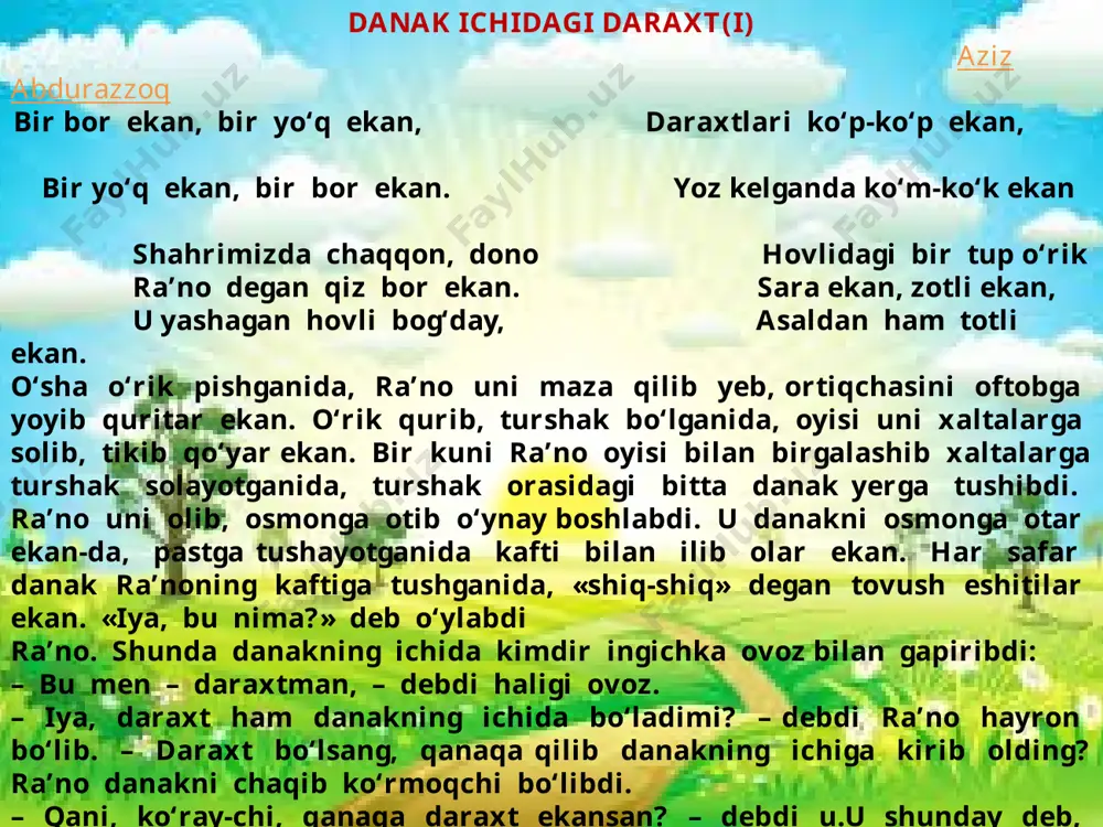g, xalal berma, sen ham yongin” ‒ deya zamondoshlarini yaratishga, bunyodkorlikka chorlagan. oʻzbekiston xalq shoiri turob toʻla aytganidek: “aziz sheʼrlaridan non hidi keladi, oʻzi kezib oʻtgan bogʻlar, dala-dashtlar hidi keladi”. kattalar uchun yozilgan asarlarida oʻzbek xalqining milliy xususiyatlarini ifodalovchi hazil-mutoyiba baʼzan achchiq kinoya bilan almashib turadi. kitobxonga katta zavq-shavq bagʻishlashdan tashqari, uni hushyorlikka, shijoatga chorlaydi. bahor fasli o'lkamda bahorning ilk kunlari ,boshlanishi bilanoq qushlarning sayrashi hamma joyni tutib ,ketadi.bu bilan bizga bahor kelganidan darak beradi. bahor fasli fasllarning boshlanishi , uyg'onish davri hisoblanadi. qishda uyquga ketgan hayvonlar , bahorda uyg'onishadi. yani uyg'onish , yangi sahifani boshlanishi, yo'lning boshi boshlanish davriga kiradi. bahor oylari uch ta bo'lib ,mart ,aprel,may kiradi.juda oz bo'lsada, o'zida xalqimizning milliy bayramlarini mujjasam etgan. har bir xalqning o'z milliy bayrami bo'lgani singari bizning ham milliyligi ufurib turgan milliyligimizni aks etgan bayramlarimiz bor. ular sakkizinchi mart xotin qizlar bayramiz,navro'z umumxalq bayrami,va yana bir qancha bayramlarni o'z ichiga oladi. …