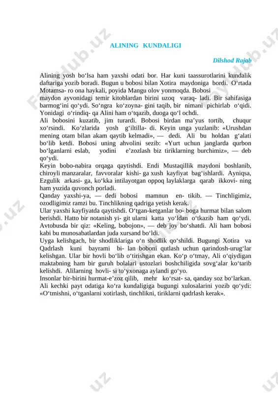 guruh bolalari ustozlari boshchiligida sovg‘alar ko‘tarib kelishdi. alilarning hovli- si to‘yxonaga aylandi go‘yo. insonlar bir-birini hurmat-e’zoz qilib, mehr ko‘rsat- sa, qanday soz bo‘larkan. ali kechki payt odatiga ko‘ra kundaligiga bugungi xulosalarini yozib qo‘ydi: «o‘tmishni, o‘tganlarni xotirlash, tinchlikni, tiriklarni qadrlash kerak». [bookmark: _goback]iv. yangi mavzuni mustahkamlash. 1. alining bobosi xotira maydonidagi temir kitoblarni varaq- lab turib, nima uchun xomush bo‘lib qoladi? 2. alining bobosi oq laylaklarni nimaga o‘xshatadi? 3. ali kundalik daftariga nima deb yozib qo‘ydi? v. darsga yakun yasash va o’quvchilarni baholash: dars yakunida umumiy ballar e’lon qilinadi va faol, bilimdon o’quvchilar rag’batlantiriladi. vi.uyga vazifa berish. ifodali o’qish va mazmunini so’zlash uyga vazifa qilib beriladi. o‘tibdo‘______ _________________ image1.jpeg
