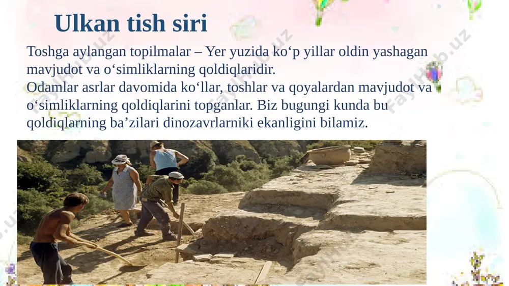 metr atrofida edi. u bu jonzotni «iguanodon» deb nomladi, bu esa «iguana tishi» degan ma’noni anglatardi. gideon mantelda iguanodonning butun skeleti yo‘q edi. u yillar davomida to‘plagan suyaklar tufayli iguanodonning qanday bo‘lishi mumkinligini tasvirlashga urinib ko‘rdi. u bu mavjudotni to‘rt panjada yurgan deb hisoblagan. gideon mantell o‘tkir uchli suyakni shox deb o‘ylab, iguanodonni burni ustidagi shoxi bilan tasvirlagan. yillar o‘tib, iguanodonning bir nechta butun skeletlari topildi. ular atigi 9 metr uzunlikda bo‘lgan. suyaklarning ko‘rinishidan hayvonlar ko‘proq orqa panjalari bilan harakatlanganligini aniqlashgan. gideon mantell iguanodonning burni ustidagi shox deb o‘ylagan narsa, aslida, uning oldingi panjalari bosh barmog‘idagi uchli bo‘rtiq edi! bu kashfiyotlarga asoslanib, olimlar iguanodonning ko‘rinishi haqidagi fikrlarini o‘zgartirishdi. gideon mantell bir qancha xatoliklarga yo‘l qo‘ydi. shuningdek, u muhim kashfiyot qildi. u toshga aylangan tishni o‘txo‘r sudralib yuruvchilarga tegishli deb taxmin qilib, ko‘p yillarni o‘z g‘oyasini tasdiqlovchi dalil va isbotlarni yig‘ish uchun sarfladi. asosli taxminlari tufayli gideon mantell qadimda yer yuzida …