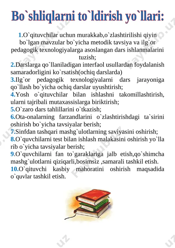 kishilik olmoshlari. 24 hidi, tilimi va mazasidan 25 miqdorlarni bir va ikki xonali songa ko'paytirish va bo'lish telgram orqali @mehmonlarga telefon nomer 99-427-89-26 26 berilgan fe’llarni ma’nolariga ko‘ra guruhlab yozish. 27 bahor. q.hikmat 28 harakatga doir masalalar 29 gaplarning bosh bo‘laklari. 30 tinchlik qushi haqida men o‘qigan she’r.sh.sa’dulla 31 kasrlarni qo'shish va ayirish 32 gaplarda ma’no jihatdan bog‘lanmagan so‘zlarni aniqlash. 33 shoira. h.nazir 34 ko'pyoq rahbari: /___________/ ________________________ bo`sh o`zlashtiruvchi o`quvchilarga iqtidorli o`quvchilarni biriktirish ro`yxati t/r bo`sh o`zlashtiruvchi o`quvchining f.i.sh sinf iqtidorli o`quvchi ning f.i.sh 1 2 3 4 5 6 7 8 9 10 11 12 telgram orqali @mehmonlarga telefon nomer 99-427-89-26 13 14 15 16 17 18 19 20 21 22 23 24 25 [image: 1_html_meb8b40c] “tasdiqlayman” maktab direktori: ______ _________________ _________________________i,ii,iii,iv chorak uchun o’quvchilar bilimidagi bo’shliqlarni to’dirish bo’yicha qo’shimcha mashg’ulotlar jadvali № sinf dushanba seshanba chorshanba payshanba juma shanba fan o’qituvchisi 1 2 3 4 5 6 …