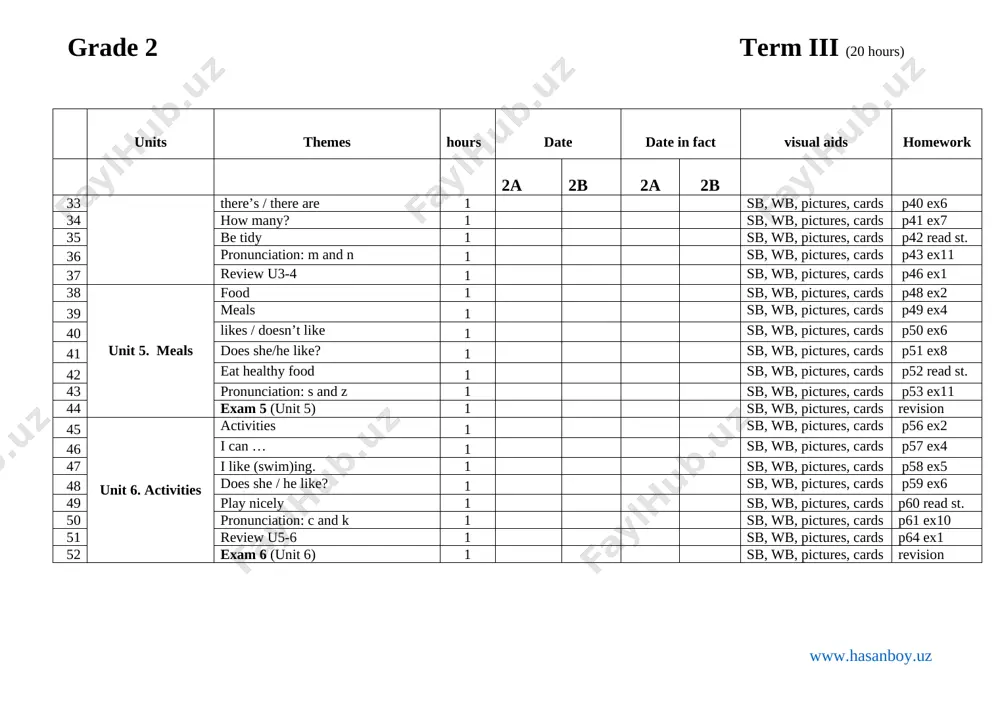 cards p82 ex1 67 evaluation 1 sb, wb, pictures, cards wb 45, 55, 63, 73, 81 68 exam 8 (unit 4-8) 1 sb, wb, pictures, cards revision total hours: 68 ushbu ish rejaning konspekti, nazorat ishlari, darslik audiolari va qo’shimcha materiallarni to’liq holda olish uchun telegramdan @hasanboy_uz yoki +99891 1800985 telegram raqamiga bog’laning. web-sayt: www.hasanboy.uz telegram kanal @uzteachers www.hasanboy.uz