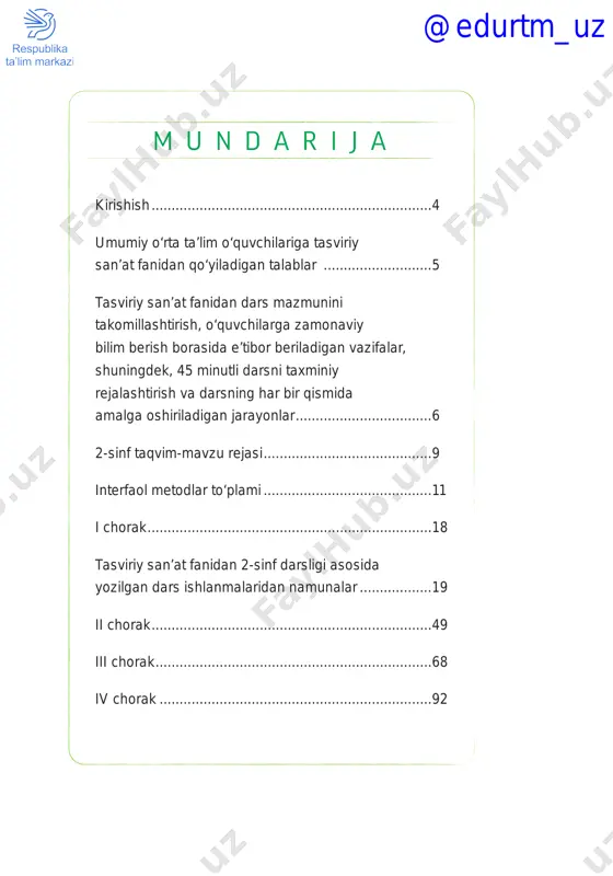ini amalda qo‘llaydi. iliq va sovuq, axromatik va xromatik, rang va tuslarni bir-biridan ajratadi. yordamchi chiziqlardan foydalanib, naqsh va tasvir kompozitsiyasini yaratadi. tabiat manzarasida fasllarga oid ranglarni farqlaydi va tahlil qiladi. naqsh kompozitsiyasini mustaqil tuzadi. mavzuga oid haykalchalar yasaydi. naqsh namunalaridan nusxa ko‘chiradi. @edurtm_uz 6 tasviriy san’at fanidan dars mazmunini takomillashtirish, o‘quvchilarga zamonaviy bilim berish borasida e’tibor beriladigan vazifalar, shuningdek, 45 minutli darsni taxminiy rejalashtirish va darsning har bir qismida amalga oshiriladigan jarayonlar umumta’lim maktablarida ta’lim-tarbiya berish sifatini mazmun jiha- tidan yangi bosqichga olib chiqishda dars mazmunini takomillashtirish, o‘quvchilarga zamonaviy bilim berish dolzarb vazifalardan biri bo‘lib qolmoqda. bunda fan o‘qituvchisidan yuqori malakaga ega bo‘lish, o‘z sohasini chuqur va mukammal o‘rganib borish, o‘quvchilarni o‘z faniga qiziqtira olish, fanni o‘qitishga innovatsion yondashish va texnika vosita- lari, faol o‘qitish usullaridan foydalana olishi talab etiladi. bugun har bir o‘qituvchi darsini mas’uliyat bilan tashkil etishga tayorlanish jarayonida o‘z tajribalarini hamkasblari bilan o‘rtoqlashish zaruratini his qilmoqda. …