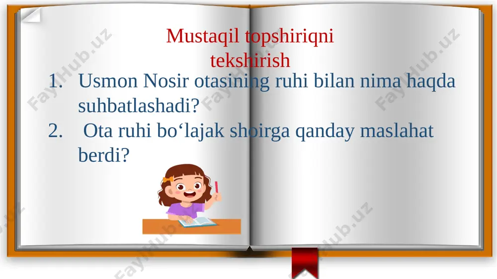 rni kezing, cho‘l-u biyobonlar oralang. har biringiz ming donadan o‘t-giyoh terib ke-lingiz... ibn sino shunday dedi-da, har birining qo‘liga xalta tutqazdi. ibn sino shogirdlariga necha dona o‘t-giyoh terishni buyurdi? ellik dona ming dona yuz dona cho‘u biyobonda chanqoqni nima qondiradi? yalpizni suvi yantoqni suvi rayxonni suvi ibn sino boyning bolasiga kimga shogird tushishini aytdi? hunarmandga tabibga olibsotarga mustaqil topshiriq image1.png image2.jpeg image3.png image4.png image5.png image6.png image7.png image8.png image9.png image10.gif image11.png image12.png