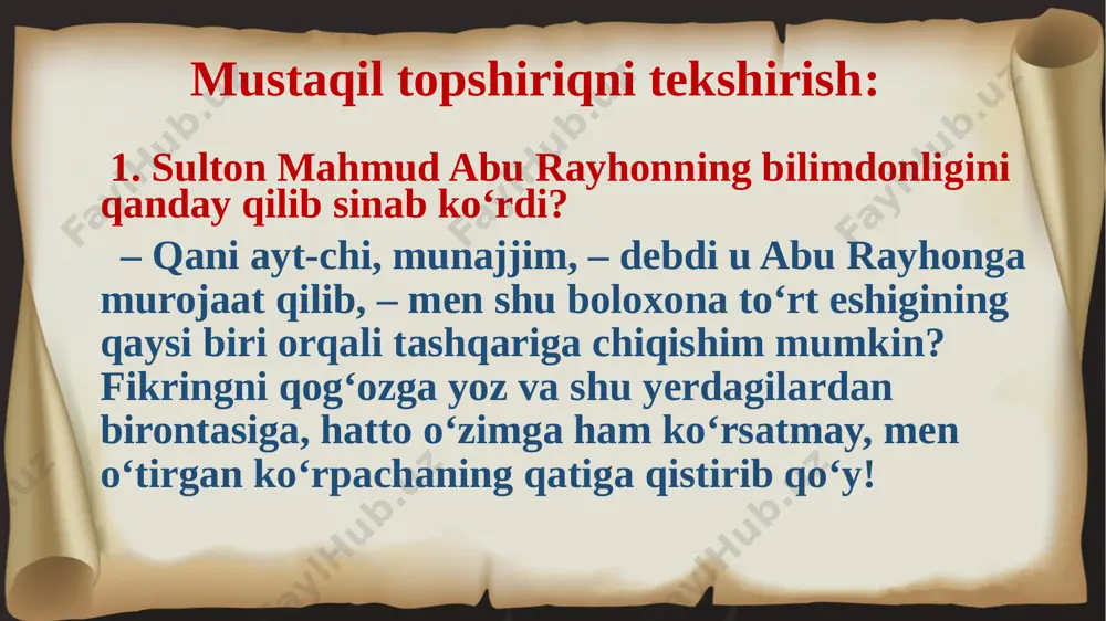 iz, – debdi. tabib huzuriga kelgan bemorlarni birin-ketin ko‘rib, dori-darmon beribdi-da, kechga yaqin bo‘shabdi. – qadamingizga hasanot, ustoz, – debdi abu ali ibn sinoga tabib. – boshqalarni qo‘ying-u, ichkaridan ayolning tomirini ush-lab qatiq ichgani bilan xo‘roz go‘shti yeganini, boz ustiga, uyining eshigi kunchiqar tomonga qarab qurilganini aytga-ningizda rostdan ham taajjubga tushdim, ulug‘ hakim! – bemor ayolga qatiq ichganmidingiz deganda, uning chodiriga tomgan bir tomchi qatiqqa ko‘zim tushgani sabab bo‘ldi. darrov fahm qildim, ayol bu yerga kelishdan oldin chodirini yopingan, keyin ozroq qatiq ichgan. shunda bir tomchi qatiq chodiriga tomgan. u bemorning mening savolimga: «ha, qatiq ichgan edim», – deganidan bildimki, yahudiy ayol. shundan so‘ng uning kiyimiga nazar tashladim. yaxshi kiyingan, shundan bildimki, u boy yahudiyning zaifasi. menga kelgan kun yakshanba kuni edi. odatda, shanba kunlari badavlat yahudiylar, albatta, xo‘roz palov yeydilar. tomir urishiga diqqat qilib, uyining eshigi kunchiqar tomon-ga qarab qurilganini aytishimga kelsak, yahudiy mahallasi-dagi juda ko‘pchilik uylar balandlikdagi ko‘chaning …