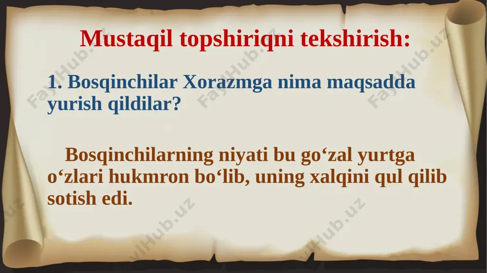 biron yerim lat yemay, sog‘-u salomat qolaman», degan gaplar yozilgan ekan. lug‘at ishi boloxona – imoratning ikkinchi qavati va shu ikkinchi qavatdagi xona xunibiyron – jahli chiqqan nazari tushibdi – ko‘zi, nigohi tushibdi usturlobni – o‘lchov asbobi o‘qday tikildi – to‘g‘ri, tik tikildi usturlob 1. sulton mahmud g‘aznadagi qasrining boloxonasida o‘tirib, birdan ko‘zi kimga tushdi? abu rayhon beruniyga al xorazmiyga abu ali ibn sinoga 2. abu rayhon usturlobni qo‘lga olib nimani keltirishlarini buyurdi? bo‘r va taxtachani kitob va qalamni qog‘oz va ruchkani 3. quyidagi gaplardan berkitilgan so‘zlarni topib o‘rniga qo‘ying. – qani ayt-chi, munajjim – topdingmi? – deb so‘radi sulton. abu rayhon g‘ulomini chaqirtirdi. abu rayhon munajjim sulton mustaqil topshiriq 1. sulton mahmud abu rayhonning bilimdonligini qanday qilib sinab ko‘rdi? 2. matndan beruniyning o‘z taqdirini bashorat qilgan o‘rinlarni qayta o‘qing. u bunday donolikka qanday qilib erishgan, deb o‘ylaysiz? image1.png image2.jpeg image3.jpeg image4.tiff image5.png image6.png image7.png image8.png