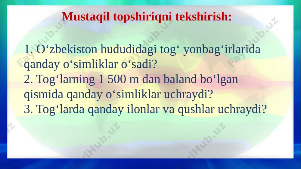 tob” o‘simlik va hayvonot olamining kamyob, yo‘qolib ketish xavfi bo‘lgan turlari haqida ma‘lumot beradigan, insonlarni tabiat muhofazasi masalasida jalb etadigan kitobdir. 1. tabiiy boyliklar deb nimaga aytiladi, ularga nimalar kiradi? 2. tugaydigan va tugamaydigan tabiiy boyliklarga misol keltiring? 3. inson tabiatdan faqatgina foydalanib, unga beparvo bo‘lishi qanday oqibatlarga olib kelishi mumkin? 4. o‘lkamizda noyob bo‘lib qolgan o‘simlik va hayvonlarga misollar keltiring? mustaqil topshiriq image1.png image2.jpeg image3.jpg image4.jpeg image5.png image6.png image7.jpeg image8.jpeg image9.jpeg image10.png image11.jpeg image12.jpeg image13.jpeg image14.png image15.png image16.gif image17.png image18.png image19.png image20.png image21.jpeg image22.jpeg image23.jpeg image24.jpeg image25.jpeg image26.jpeg image27.jpeg image28.png