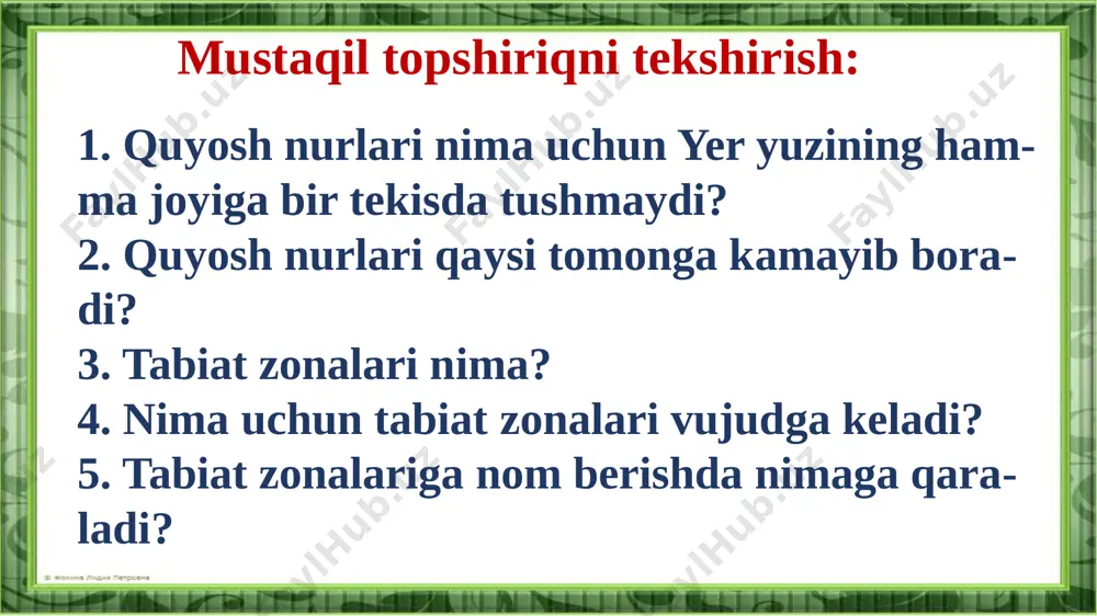miz cho‘llarida yashovchi kaltakesak turlari: 1 – qizilquloq kaltakesak; 2 – tirik tug‘ar kaltakesak; 3 – ko‘k kaltakesak; 4 – gajakdum kaltakesak; 5 – yugurdak kaltakesak; 6 – sinksimon kaltakesak; 7 – cho‘l agamasi; 8 – kulrang echkemar. o‘lkamiz cho‘llarida uchraydigan ilon turlari: 1 – bo‘g‘ma ilon; 2 – kapcha ilon; 3 – cho‘l qora iloni; 4 – qalqontumshuq ilon. multimediya o‘lkamizdagi cho‘llarning katta qismi o‘zlashtirilib, vohalarga aylantirildi. ekinzor va bog‘lar, shahar va qishloqlar bunyod etildi. tayanch so‘zlar: cho‘l, barxan, taqir, qumli cho‘l, gilli cho‘l, toshloq cho‘l. tayanch so‘zlar: cho‘l, barxan, taqir, qumli cho‘l, gilli cho‘l, toshloq cho‘l. 1. cho‘l deb qanday yerlarga aytiladi? 2. barxan nima? taqir yer-chi? 3. o‘zbekiston hududida qanday cho‘llar bor? 4. o‘simliklardan qaysilari o‘lkamiz cho‘llarida o‘sadi? 5. o‘lkamiz cho‘llarining hayvonot dunyosi haqida nimalarni bilasiz? yozuvsiz xaritada o‘lkamiz hududidagi cho‘llar egalla- gan joylarni sariq rangga bo‘yang. mustaqil topshiriq image1.png image2.gif image3.gif image4.jpeg image5.jpeg image6.jpg image7.jpeg image8.jpg …