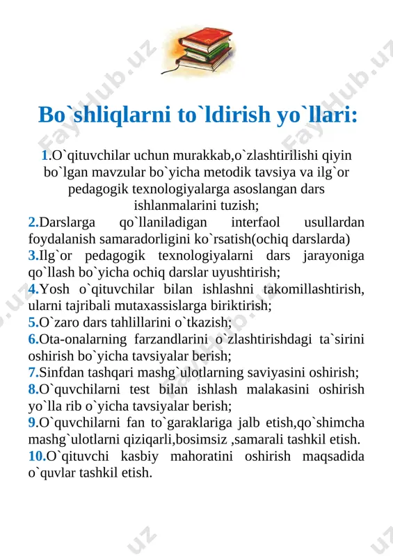 d-tarix beshigi 1 26 ko‘paytirish va bo‘lishga doir masalalar 27 yozuvni kim ixtiro qilgan 1 28 qavsli va qavssiz sonli ifodalar 29 mo‘yqalam mo‘jizasi 1 30 harfli ifodalar 31 bolalar qo‘shiqlari 1 32 butunning bo‘laklari 33 yo‘l qoidasi- umr foydasi 1 34 vaqt va vaqt birliklari jami: 34 rahbari: /___________/ ________________________ _____________ tuman xalq ta`limi bo`limiga qarashli __-umumiy o`rta ta`lim maktabi “_____” _________2021 yil matematika va ona tili o’qish savodxonligi fani bo’sh o’zlashtiruvchi o’quvchilar to`garak mashg`ulotiga qatnashuvchi o`quvchilari o`rtasida 2021-2022 yangi o`quv yilining to`garak mashg`uloti davrida texnika xavfsizlik qoidalari, yo`l harakati qoidalari, yong`inga qarshi kurash chora tadbirlariga hamda ___-umumiy o`rta ta`lim maktabining barcha ichki tartib qoidalariga rioya qilish to`g`risida maxsus yo`riqnoma № o`quvchilarning f.i.sh tanishdim sana o`quvchilarning imzosi 1 2 3 4 5 6 7 8 9 10 11 12 13 14 15 16 17 18 yo`riqnoma bilan tanishtiruvchi va to`garak mashg`uloti rahbari: _________ _____________ “______________________________” to`garagi a`zolarining ro`yxati № …