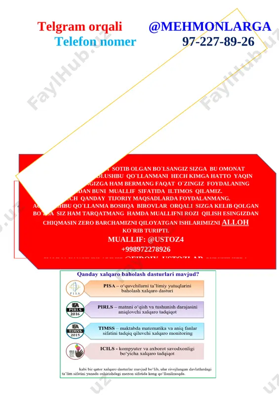 bog‘lagan holda o‘z fikrini aniq va ravshan ifodalay olish; tk1 matematik qoidalarni ifodali ayta olish.fk-1:sonlarni qo‘sh ish va ayirish jadvallaridan, arifmetik amallarning algoritmlaridan foydalangan holda 100 ichida ikkita ikki xonali sonlar ustida arifmetik amallarni yozma bajara oladi; dars turi: yangi tushuncha berish.metodi: savol javob, muammoli vaziyat , zinama – zina.jihozi: mavzuga oid ko’rgazma, tarqatmalar, test savollari. darsning borishi. i tashkiliy qism. a) salomlashish, davomotni aniqlash, tozalikni tekshirish b) ma’naviyat daqiqasi “ iqtisod” mavzusida suhbat. ii. o’tgan mavzuni so’rash va mustahkamlash.o’tgan mavzuni mustahkamlab yangi mavzu bilan bog’lash. iii yangi mavzu bayoni: 1. rasmdagi shakllar nechtadan? [image: ]1 ta 7 ta 1 ta 2. qarichlab o‘lchaymiz. [image: ] 3. natijalarni taqqoslaymiz. [image: ] 50 >20 59 > 11 29 = 29 12 10 10 < 31 60 = 60 40 = 80 3-misol. uchinchi chavandoz necha kun sayohat qilgan? [image: ]25-5=20 19+6=25 iv.yangi mavzuni mustahkamlash. telgram orqali @mehmonlarga telefon nomer 97-227-89-26 4-misol. …