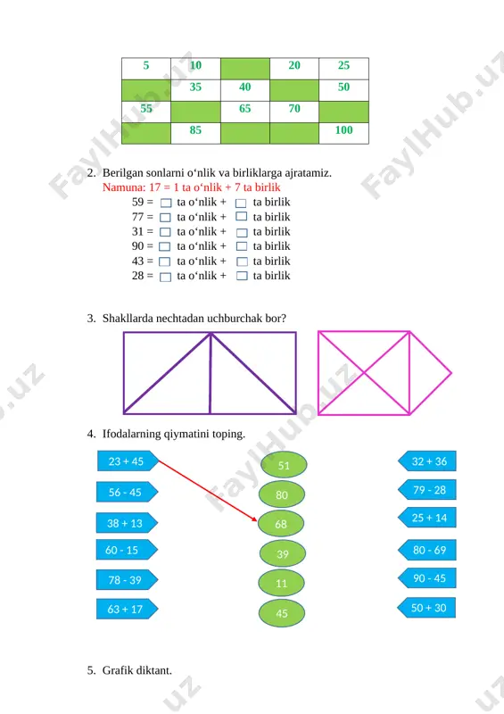 rtburchakni 4 dan 2 qismini, doiraning 3 dan 1 qismini, uchburchakning 2 dan 1 qismini bo‘yang. 34. to‘g‘ri vaqtni belgilang. [image: ] [image: ] 1 2 test 1. 25 bilan 4 ning yig‘indisini toping. a 28 b 29 c 30 d 27 2. **+4=14+10 yulduzcha o`rniga mos sonni qo`ying. a 10 b 12 c 18 d 20 3. qaysi 2 ta bir xonali sonning yig‘indisi 18 ga teng? a 7 va 9 b 9 va9 c 10 va 8 d 12 va 6 4. qaysi turli bir xonali 2 ta sonning yig‘indisi 17 ka teng? a 1 va 7 b 9 va 8 c 9 va 9 d 10 va 7 5. 33, 34, 35, …, 37, 38, …, 40, 41, …, 43, …, 45 sonlar nurida qaysi toq son tushib qolgan? a 36 b 39 c 42 d 44 6. 4, … , 10, … , 16, … , …