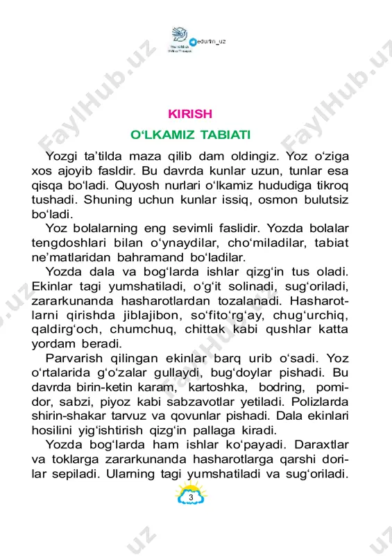hri, har bir viloyat va qoraqalpog‘iston respubli- kasi tabi atini alohida o‘rganasiz. 1. yoz fasli boshqa fasllardan nimasi bilan farq qiladi? 2. yozda dala va bog‘larda qanday o‘zgarishlar bo‘ladi? 3. uy hayvonlari qayerda boqiladi? ular insonlarga qanday foyda keltiradi? 4. 2-rasmda qanday jonivorlar tasvirlangan? 5. o‘lkamizning go‘zal tabiati haqida gapirib bering. turli o‘simliklardan gerbariy tayyorlang. yer – quyosh sistemasidagi sayyora yulduzlar. quyosh tunlari osmonda son-sanoqsiz yulduzlar ko‘rinadi. yulduzlar bizga mitti bo‘lib ko‘rinsa-da, aslida ular- ning har biri juda ulkan. yulduz yulduzlarning bizdan qanday uzoqlikda ekanligini tasavvur qilib ko‘raylik. ulardan tarqalayotgan nurlar 1 sekundda 300 000 kilometr masofani bosib o‘tadi. nurning tezligi shunday katta bo‘lsa ham, eng yaqin turgan ba’zi yulduzlar nuri bizga yetib kelishi uchun esa 100 yildan ortiq vaqt ketadi. agar diqqat bilan kuzatgan bo‘lsangiz, yulduzlar rang-barangdir. ayrim yulduzlar oqish yoki ko‘kimtir. ular eng qaynoq yulduzlar hisoblanadi. bunday yulduzlar sirtidagi harorat +10 000 °c dan +100 000 °c gachadir. …