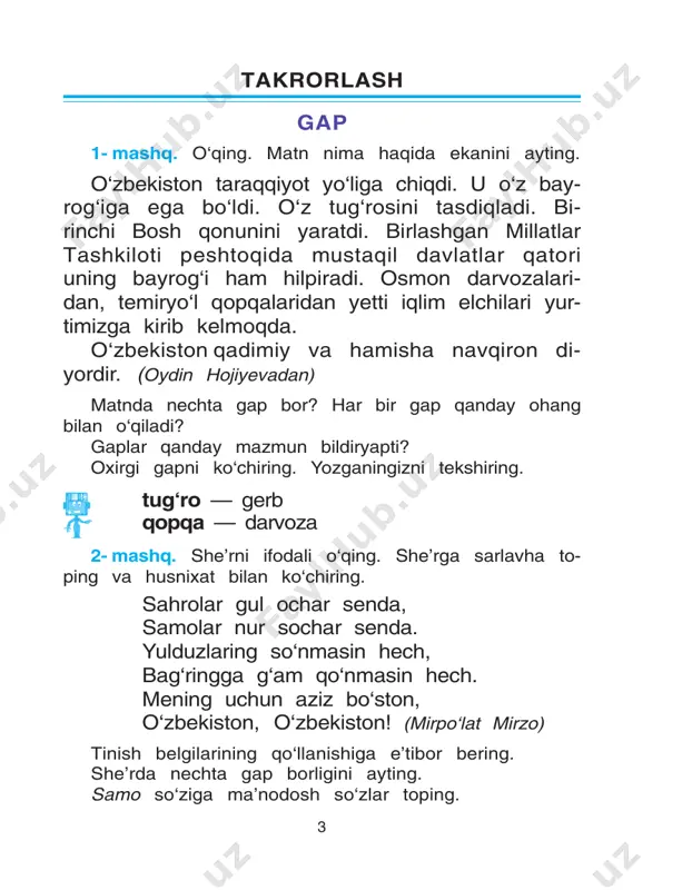 ing. javobini toping. to‘ni silliq, tuki yo‘q. hammasi to‘q, po‘ki yo‘q. ichi qizil, ko‘ki yo‘q. uni cho‘qolmas chumchuq. — bu nima, qizim qunduz? —bumi, dadajon, ! (g‘afur g‘ulom) ko‘chiring. she’riy topishmoqda nechta gap borligini ayting. 9- mashq. gaplarni tinch ohang bilan o‘qing, chega- rasini aniqlang. ibn sino haqidagi gaplarni ko‘chiring. qadim zamonda bir g‘or bo‘lgan ekan g‘orda dunyoning turli bilimlari yashiringan ekan g‘orning og‘zi bir yilda bir marta ochilib, yana bekilarkan ilmga tashna odamlar g‘or ochilishi bilan kirib ul- gurganlaricha bilim olib chiqishar ekan buni eshit- gan ibn sino g‘orga kelibdi g‘or ochilishi bilan ich- kariga kiribdi u bilan kirganlar g‘or yopilmay chiqib ketishibdi ibn sino g‘orda bir yil qolibdi va jamiki ilmlarni egallab olibdi. (abdusaid ko‘chimovdan) matndagi og‘zi so‘zi qaysi ma’noda qo‘llangan? so‘zlar qanday ma’nolarda qo‘llanar ekan? 7 10- mashq. berilgan so‘zlardan uchta gap tuzib yo- zing. gaplarni ajratib ko‘rsatilgan so‘z bilan boshlang. har bir gapning ma’nosini tushuntiring. ularning …