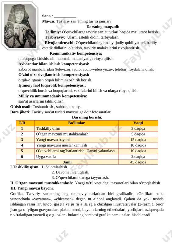asvir asarlari, asosan, moyli bo‘yoqlarda yaratiladi. haykaltaroshlik. haykaltaroshlik - borliqni uch o‘lchovli shaklda tasvirlaydigan san’at turi (4-5-rasm - lar). haykalni har tarafdan aylanib tom osha qilishimiz mumkin. haykaltarosh ilhom jabborovni ng «amir temur», «ahmad al-farg‘oniy», jaloliddin mirtojiyevning «bobur», «ibn sino», «alisher navoiy», «mirzo ulug‘bek» asarlari haykaltaroshlikning yumaloq turiga kiradi. agar inson qiyofasi boshidan ko‘kragigacha tasvirlangan bo‘lsa, bunday haykal b y u s t deyiladi. [image: image1.png] 4-rasmda tasvirlangan haykal - byustdir. binolarning devorlari va peshtoqlariga, tanga, medal kabi buyumlarning yuzasiga ishlangan bo‘rtma-qavariq tasvirlar haykaltaroshlikning re ly e fli h a y k a l namunalaridir. relyefli haykaltaroshlik qavariqliq darajasiga ko‘ra barelyef (kamroq o‘yiq), gorelyef (ko‘proq o‘yiq) turlariga bo‘linadi (6-7-rasm - lar). haykaltaroshlik asarlarini yaratishda loy, plastilin, gips, yog‘och, marmar, granit, bronza, hatto oltin, mis, kumush kabi qim m atbaho metallardan ham foydalaniladi. tasviriy san’at janrlari. tasviriy san’at asarlari mavzusi, mazmuni, ishlanish uslubiga ko‘ra turli janrlarga bo‘linadi. «janr» so‘zi fransuzcha so‘z …