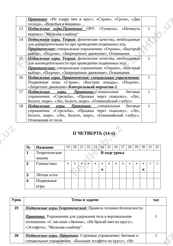 olimpiyskiy globus» 1 18 podvijnie igri. praktika: spetsialnie begovie uprajneniya; «strelba», «prijki cherez skakalku», «les, boloto, more», «les, boloto, more», «olimpiyskiy globus». otjimaniya ot pola 1 ii chetvert (14 ch) № nazvanie 19 20 21 22 23 24 25 26 27 28 29 30 31 32 1 teoreticheskie znaniya v xode uroka 2 gimnastika + + + + + + k + + + + + + k + + 3 lyogkaya at/ka 4 podvijnie igri urok temi i zadachi chas 19 podvijnie igri.teoreticheskiy: pravila texniki bezopasnosti. praktika. uprajneniya dlya uderjaniya tela v vertikalnom polojenii; «s chislami «zvonok», «ne brosay myach po krugu», «estafeta», "malchik-snayper". 1 20 podvijnie igri. praktika: stroevie uprajnenie; begovie i spetsialnie uprajneniya; «bolshaya estafeta po krugu», «ne trogay myach», «peredacha myacha po krugu», podvijnie igri. skakalka za 1 minutu 1 21 podvijnie igri. prakticheskie: oru; spetsialnie uprajneniya; «zashishay zamok», «lovushka», «pogonya za myachom».estafeti 1 22 podvijnie …