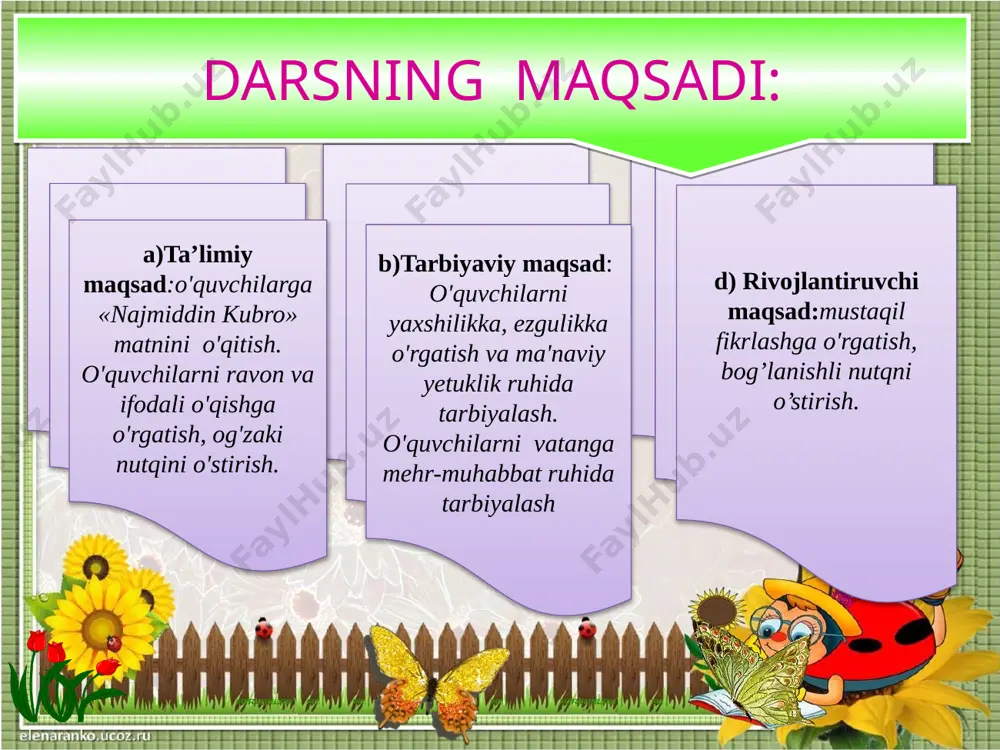 i raqamlarga qarab bo'g'inlardan so'zlar va so'zlardan maqol hosil qiladilar. guruhlar boshqotirmani yechish orqali maqolni topishadi. 3 6 9 1 5 7 8 4 2 yur tin ging o ol be shi ting na 15 3 9 7 4 10 1 6 8 5 2 ga do fan do si va ka ga si tan 5 2 1 4 6 3 sen ta va tinch tinch ning 16 taqdimot. har guruhdan bir o'quvchi chiqib, boshqotirma javobini aytadi va javobni topish usulini tushuntirib beradi. o'qituvchi o'quvchilarga o'tgan darsda o'tilgan mavzuni so’rab, o'quvchilarga qo'shimcha savollar beriladi. ona-vatan she’rini mustahkamlash. 1.vatanga ta’rif bering! 2.shoir nima uchun vatanni ,,ko’zlarimning gavhari’’ deb ataydi? 3.vatanni ,,jondek asrash’’ deganda nimani tushunasiz? 17 kubro, najmiddin kubro (taxallusi; asl ism-sharifi ahmad ibn umar ibn muhammad xivaqiy al-xorazmiy) (1145—xiva—1221) — ulugʻ shayx, tasavvufning taniqli vakillaridan biri, kubroviylik tariqatining asoschisi (uning taxallusi "dinning ulugʻ yulduzi" maʼnosini beradi). najmiddin kubroning karomat koʻrsatish, …