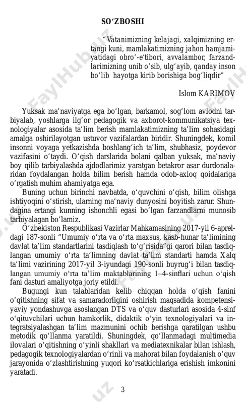 arslariga 170 soat ajratilgan. qo‘llanmada 119 ta mavzuga ilg‘or pedagogik va axborot-kommu- nikatsiya texnologiyalarga asoslangan namunaviy dars ishlanmalari berilgan. mazkur metodik qo‘llanmada o‘quvchilar o‘zlashtirishi lozim bo‘lgan bilim, ko‘nikma va malakalar hamda kompetensiyalar yoritib berilgan. o‘quvchilar jamoada ishlash, mustaqil izlanish, erkin fikrlash, muammoli vaziyatlarning yechimini topa olish hamda maqsadli foy- dalanish va o‘rgatish masalalariga alohida e’tibor qaratilgan. o‘qish fanidan berilgan dars ishlanma namunalarida interfaol usullardan foy- dalanish, didaktik o‘yin texnologiyalar o‘z ifodasini topgan. shuningdek, darslikning 119 ta mavzusiga multimedia ilovalari yaratilgan. jumladan, ularga 32 ta animatsiya, 24 ta videolavha, 6 ta qo‘shiq, 102 ta lug‘at ishi, 86 ta ta’limiy o‘yin, 30 ta test topshiriqlari kiritilgan. multimedia ilovaning birinchi sahifasida poytaxtimiz toshkent shahrining zamonaviy binolari, registon maydoni, amir temur haykali, mustaqillik maydoni arkasidagi laylak tasvirlari musiqa sadolari os- tida ko‘rinadi. mundarijaga o‘tish uchun sahifa burchagidagi kitob tas- viriga bosiladi. mundarijada 119 ta namunaviy darslarning mavzulari ko‘rsatilgan. dars mavzusi yozilgan qator kursor orqali …