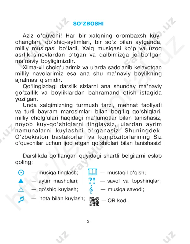 milliy musiqa- miz dovrug‘ini jahonga taratmoqda. bu borada, ayniqsa, 1997-yildan buyon ko‘hna samarqand shahrida har ikki yilda bir marotaba mun- tazam o‘tkazilayotgan “sharq taronalari” xalqaro musiqa festivalining ahamiyati beqiyos bo‘lmoqda. mazkur bayramona tadbir bois bebaho milliy musiqamiz xalqaro sahnalar sari dadil odimladi va jahon ham- birinchi chorak o‘zbek xalq aytimlari htt p:/ /ed up ort al. uz 7 oddiy musiqa shakllari. band shakli har bir musiqa asari muayyan tuzilishga ega bo‘ladi. uning ana shu tuzilishi esa musiqa shakli deb ataladi. musiqa shakllari asarlarning qaysi janrda yaratilganligi va katta-kichikligiga qarab turlicha bo‘ladi. eng oddiy musiqa shakllarini xalq qo‘shiqlarida uchratish mumkin. xalq qo‘shiqlari, odatda, band shaklida bo‘ladi. bu shakl to‘rt shå’riy misra va unga uyg‘un to‘rt kuy tuzilmasidan tarkib topadi. bunga, jumladan, “oh, layli”, “oyijon” kabi xalq aytimlari misol bo‘lishi mumkin. shuningdåk, xalq musiqa ijodida naqarotli band shakli ham ko‘plab uchraydiki, bunda shå’riy misralari o‘zgaruvchan har bir band orasida kålgan naqarot o‘zgarmasdan …